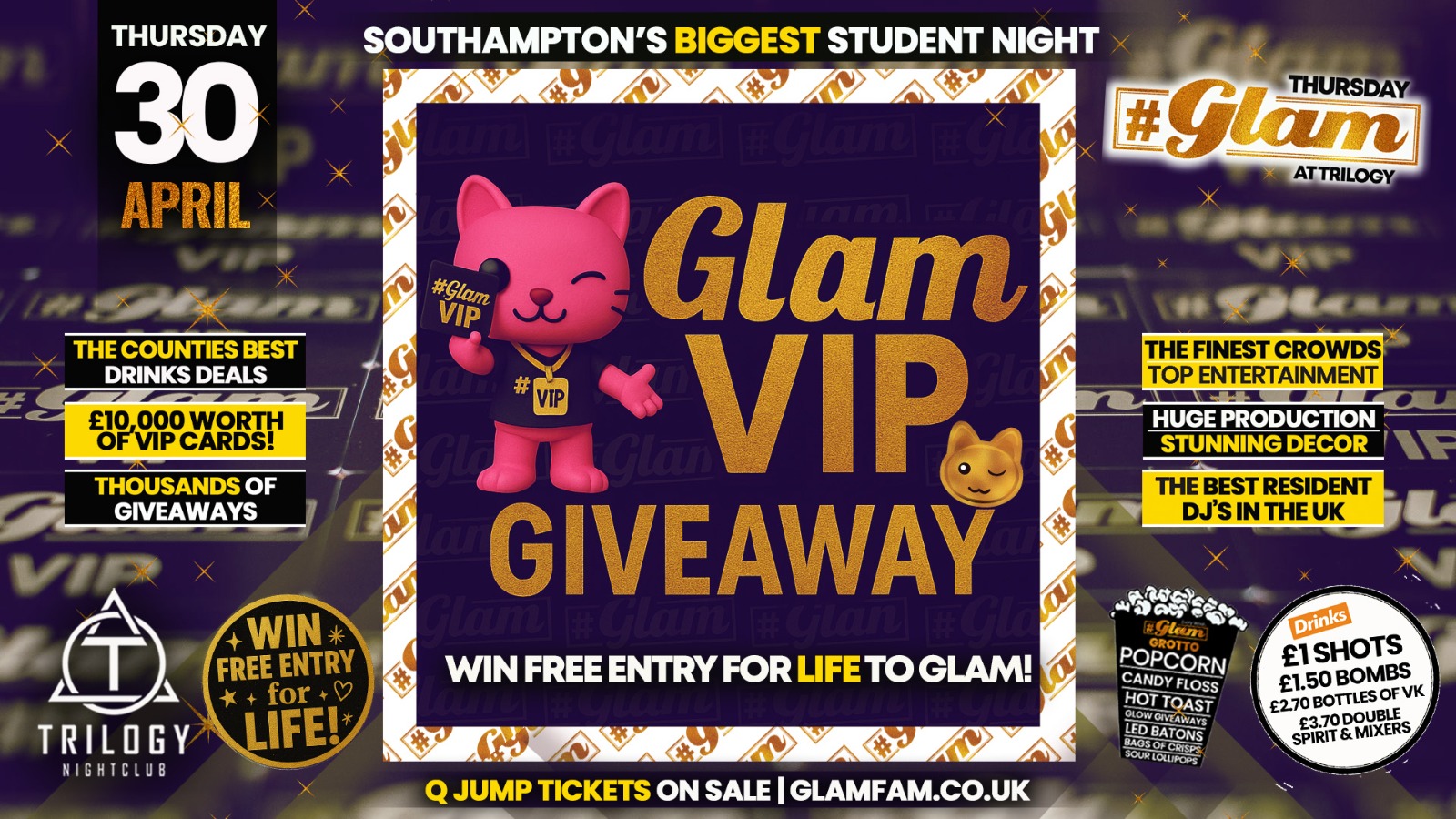 Glam Thursdays | 💳 VIP CARD GIVEAWAY! 💳 Southampton’s Best Student Night! 😻 £1 Shots All night!