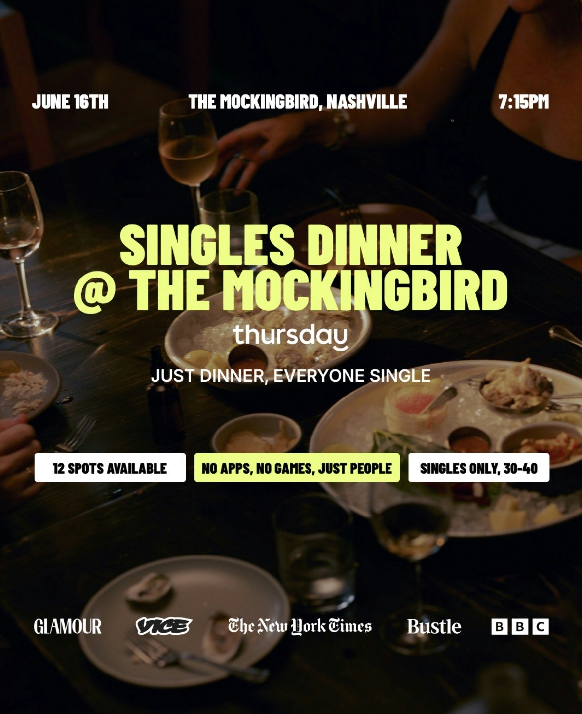 Tuesday | Singles Dinner @ The Mockingbird (30-40) | Nashville | Book at thursday.com