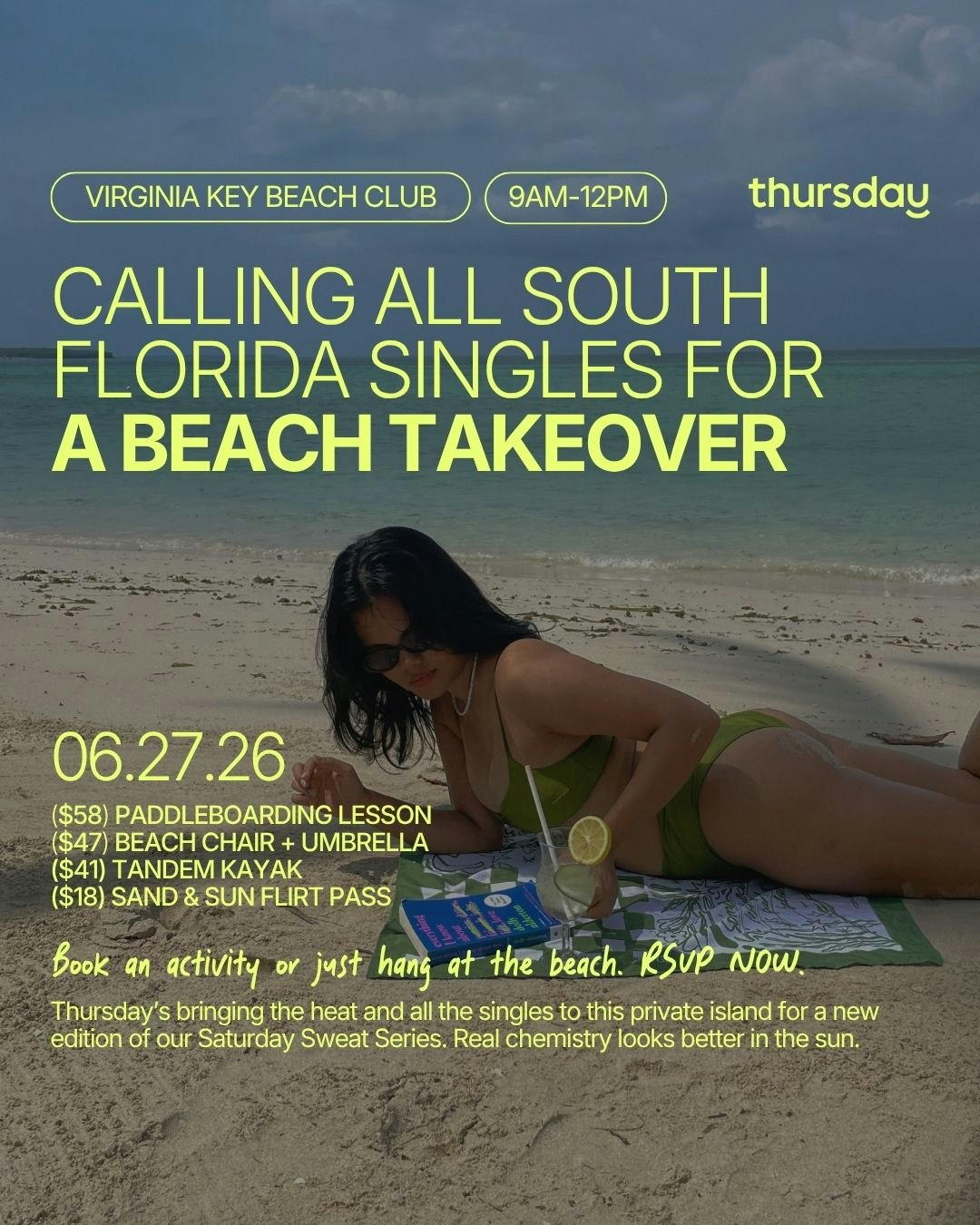 Saturday | Singles Beach Day Takeover 🏄 Paddleboarding & Kayaking | Virginia Key Beach Club