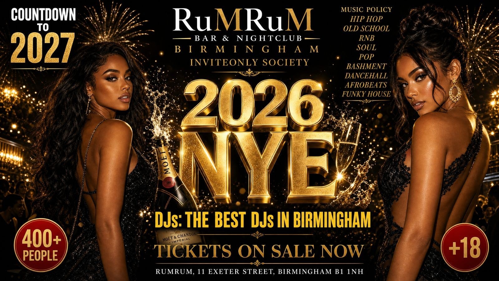 🎁RUM RUM BIRMINGHAM PRESENTS ⭐️ NYE EVE PARTY 2026 – 2027 – 31ST DEC 🔥 TICKET ONLY EVENT