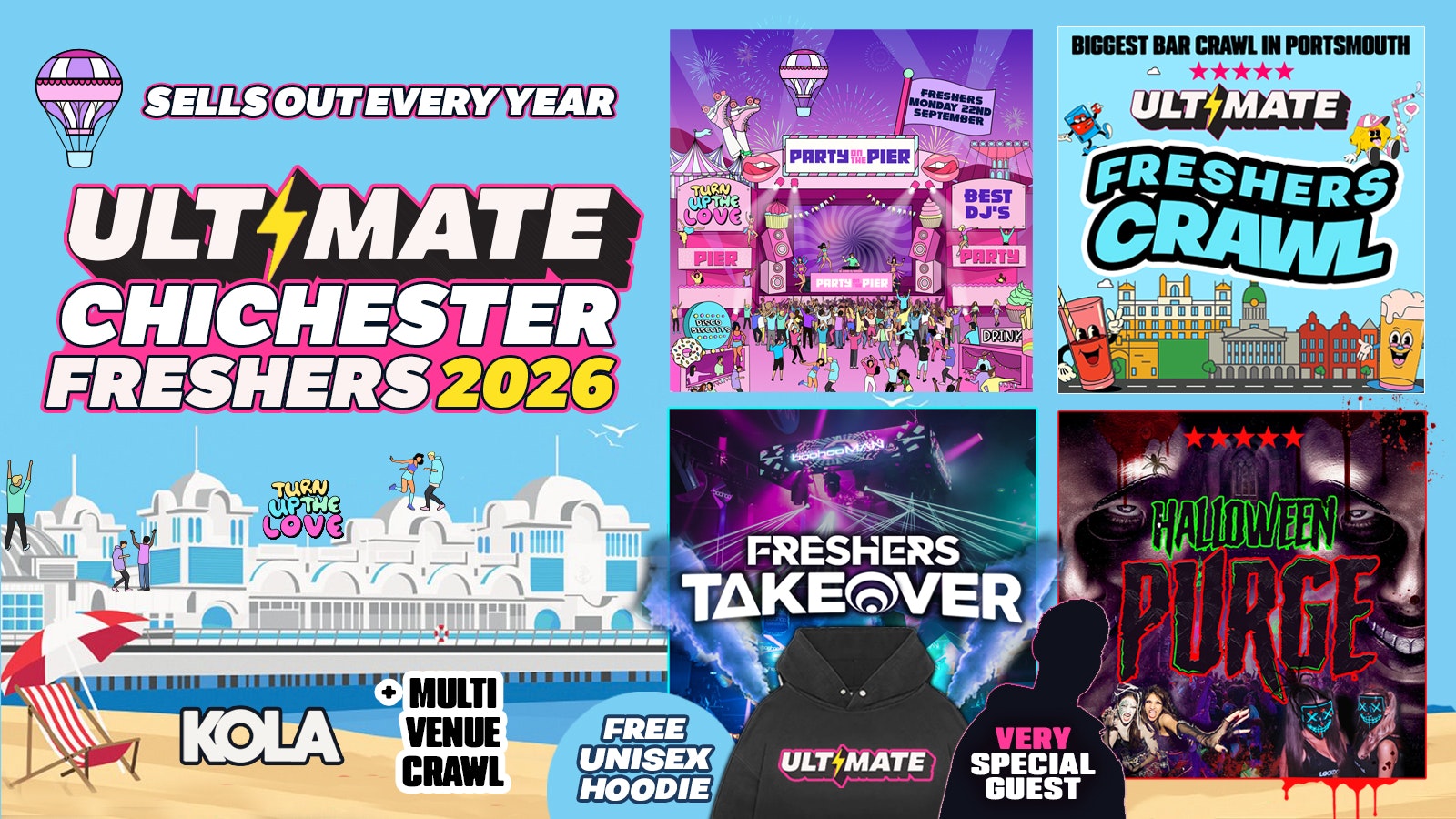 ULTIMATE CHICHESTER FRESHERS 2026 🎡 🌊 Official Student Partners with BoohooMAN 👕 Free Hoodie with Every Ticket – Sold Out 15 Years Running!
