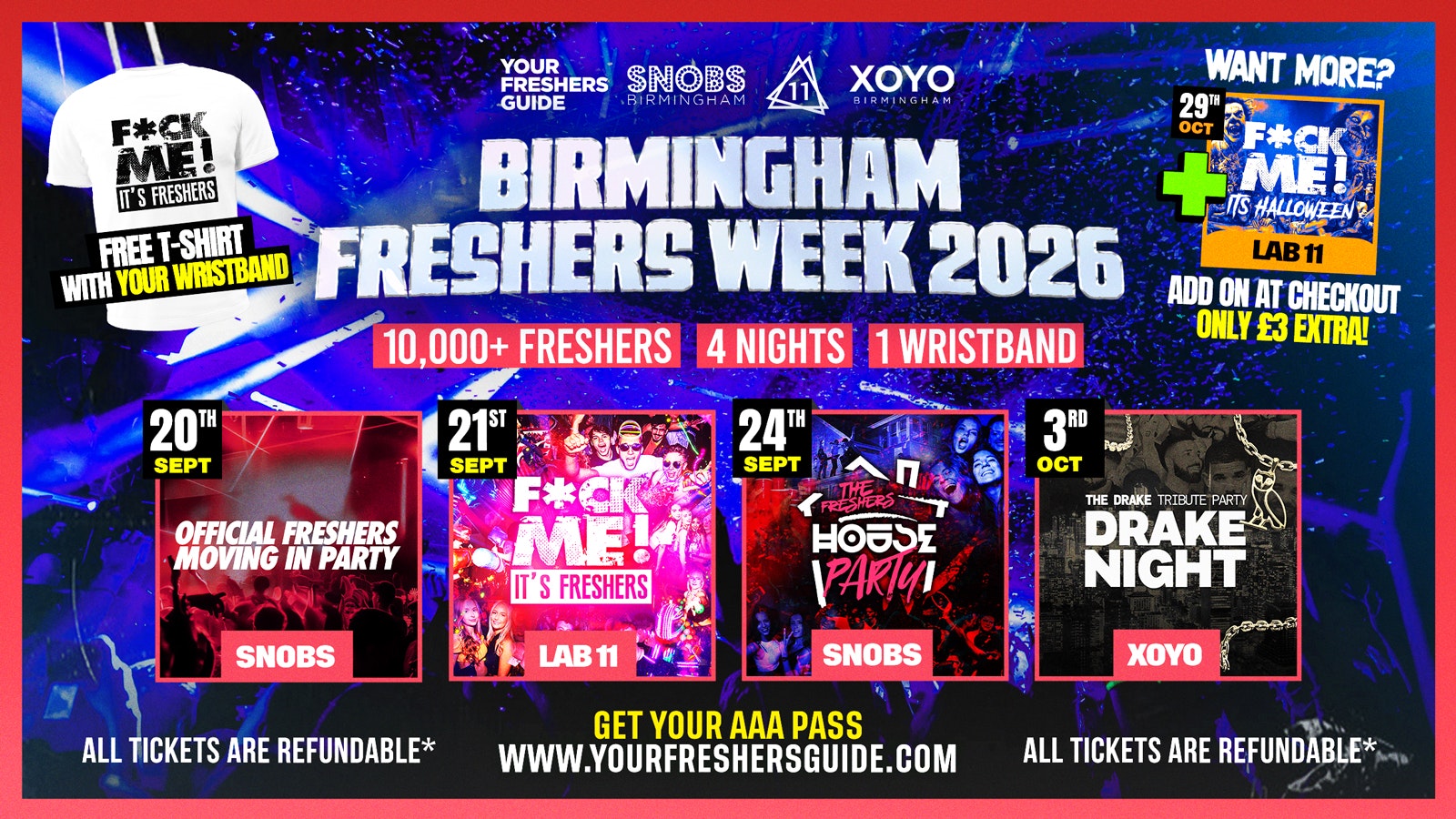 Birmingham Freshers Week 2026 – Official Your Freshers Guide – Includes Snobs, LAB11, XOYO & More! – Free T-Shirt With Every Ticket 👕