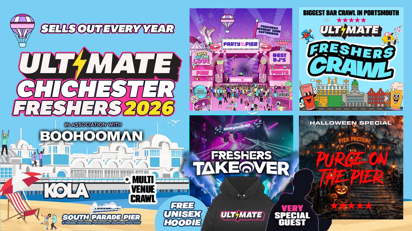 ULTIMATE CHICHESTER FRESHERS 2026 🎡 🌊 Official Student Partners with BoohooMAN 👕 Free Hoodie with Every Ticket – Sold Out 15 Years Running!