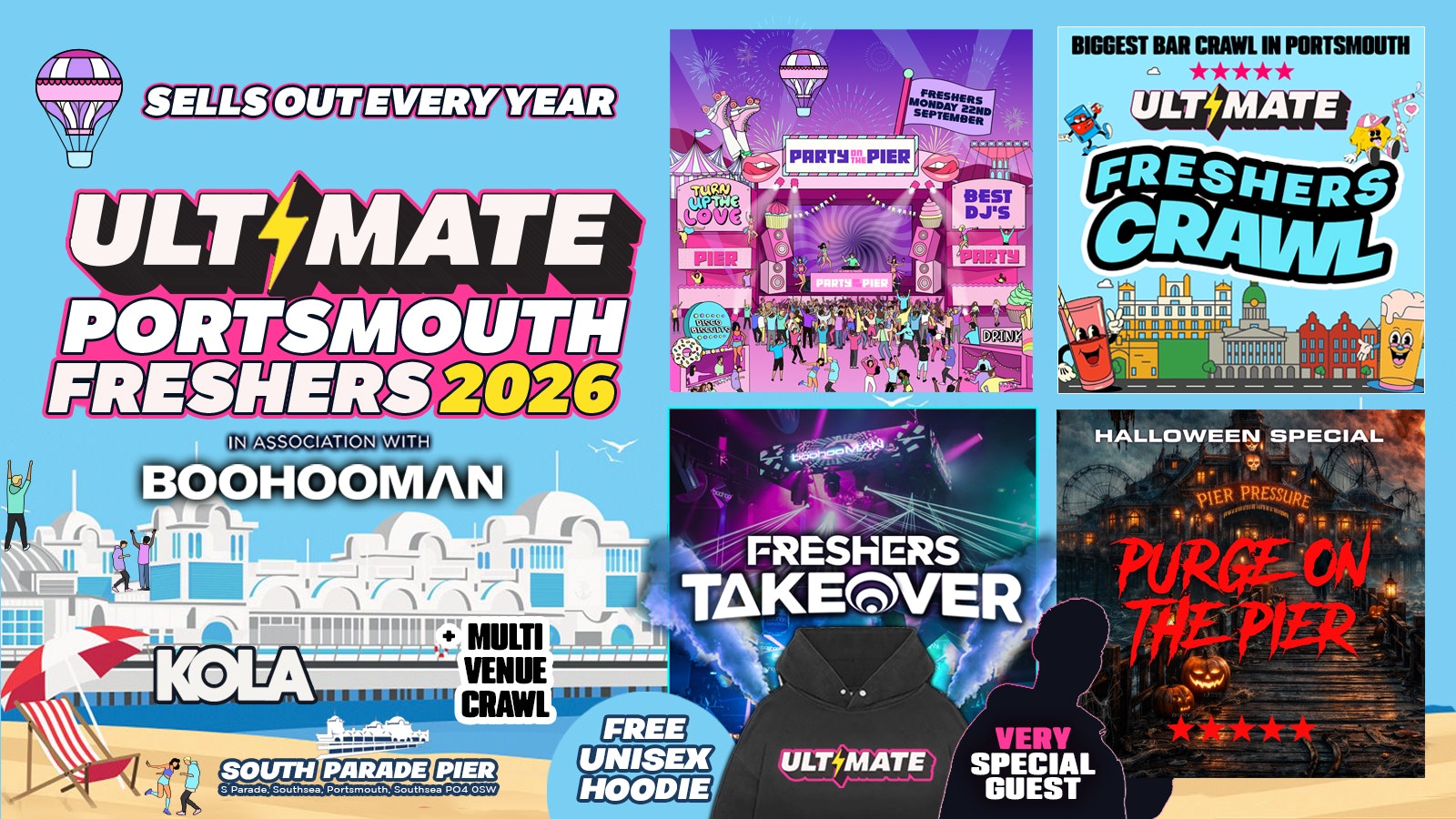 ULTIMATE PORTSMOUTH FRESHERS 2026 🎡 🌊 Official Student Partners with BoohooMAN 👕 Free Hoodie with Every Ticket – Sold Out 15 Years Running!