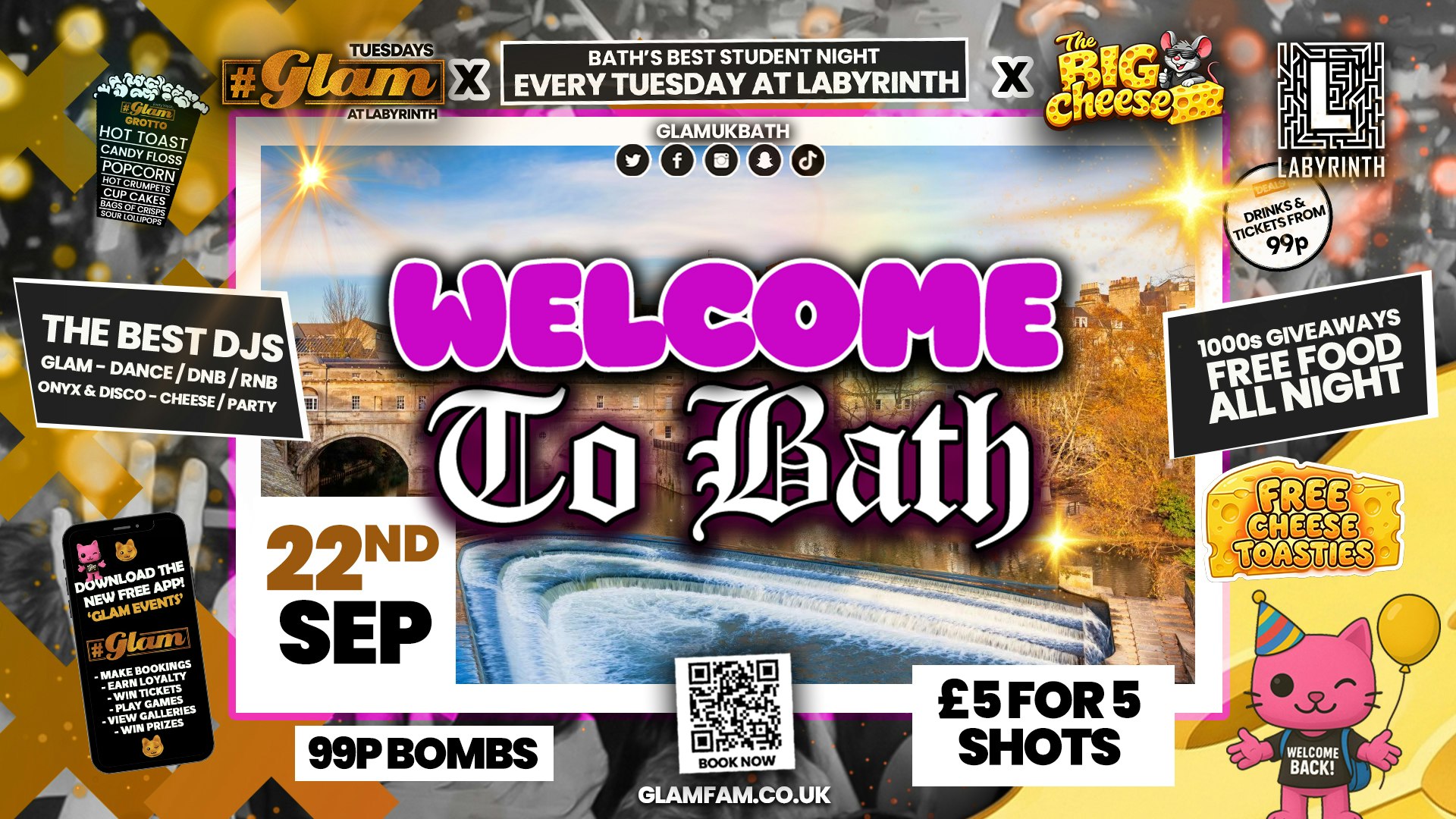 😻  GLAM x The BIG CHEESE 🧀 2 Brands – 1 HUGE NIGHT!  | FRESHERS 26 – WELCOME TO BATH 2026!! 🤩 Tickets and Drinks from 99p!‼️Every Tuesday at Labyrinth 😻