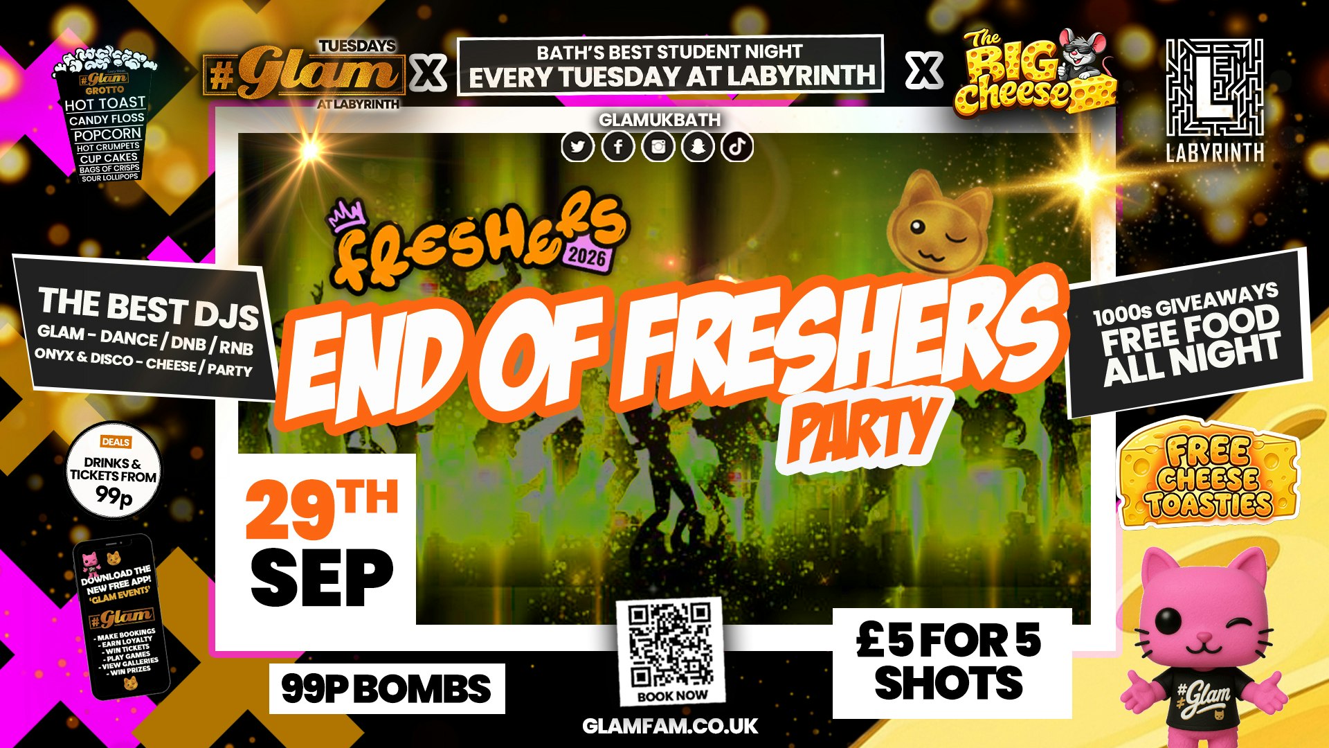 😻  GLAM x The BIG CHEESE 🧀 2 Brands – One HUGE NIGHT! 🤯 | FRESHERS CLOSING PARTY 2026!! 🤩 Tickets and Drinks from 99p!‼️Every Tuesday at Labyrinth 😻