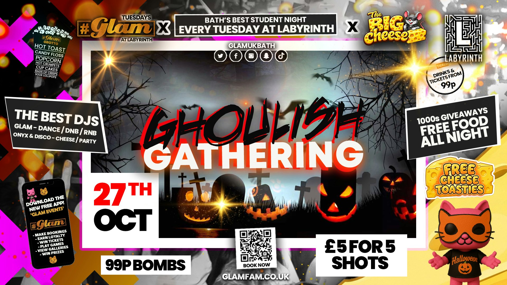 😻  GLAM x The BIG CHEESE 🧀 | 2 Brands – One HUGE NIGHT! 🤯 | 👻🧛🏻🧛🏾‍♀️🧟 HALLOWEEN 2026!! 🦇🐈‍⬛🧟‍♀️🎃 Tickets and Drinks from 99p!‼️Every Tuesday at Labyrinth 😻