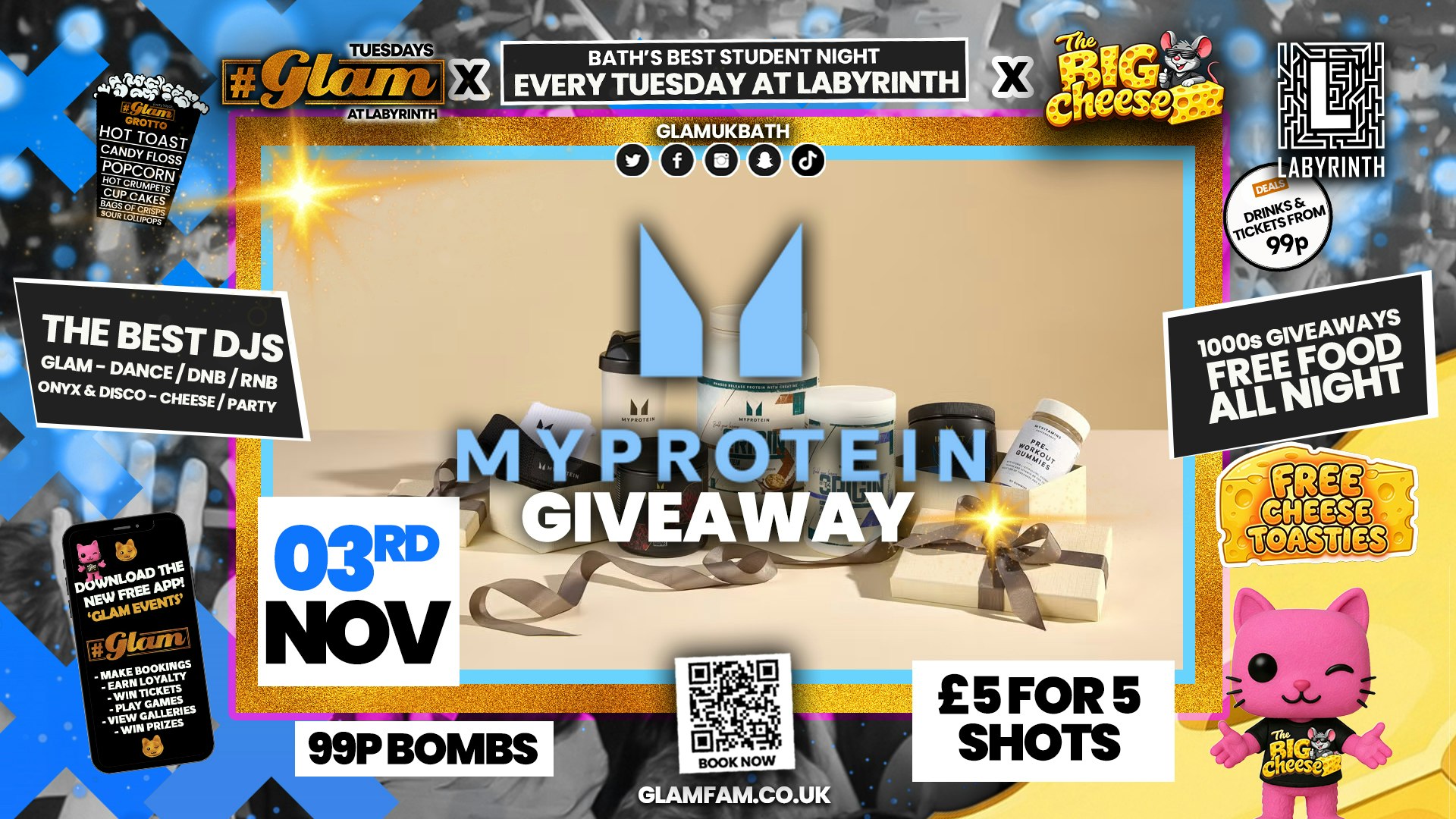 😻  GLAM x The BIG CHEESE |  MY PROTEIN GIVEAWAY! 💪💪🏼💪🏿 2 Brands – One HUGE NIGHT! 🤯| 5 Shots for £5 and 99p Bombs! Plus Tickets and from 99p!‼️