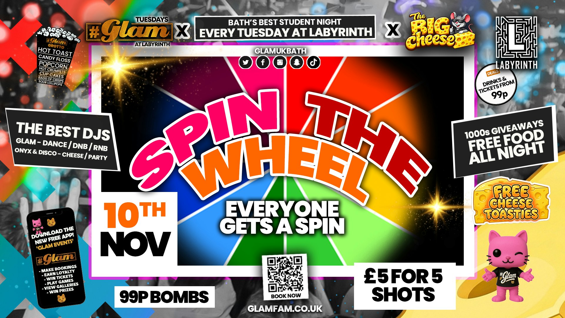 😻  GLAM x The BIG CHEESE |  SPIN THE WHEEL!! 🎡☸️2 Brands – One HUGE NIGHT! 🤯|  5 Shots for £5 and 99p Bombs! Plus Tickets and from 99p!‼️