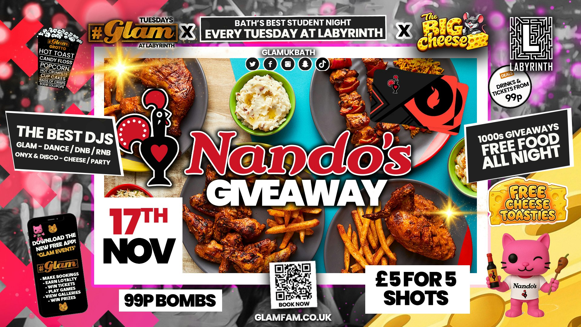 😻  GLAM x The BIG CHEESE |  🌶️ NANDOS GIVEAWAY! 🌶️2 Brands – One HUGE NIGHT! 🤯 |  5 Shots for £5 and 99p Bombs! Plus Tickets and from 99p!‼️
