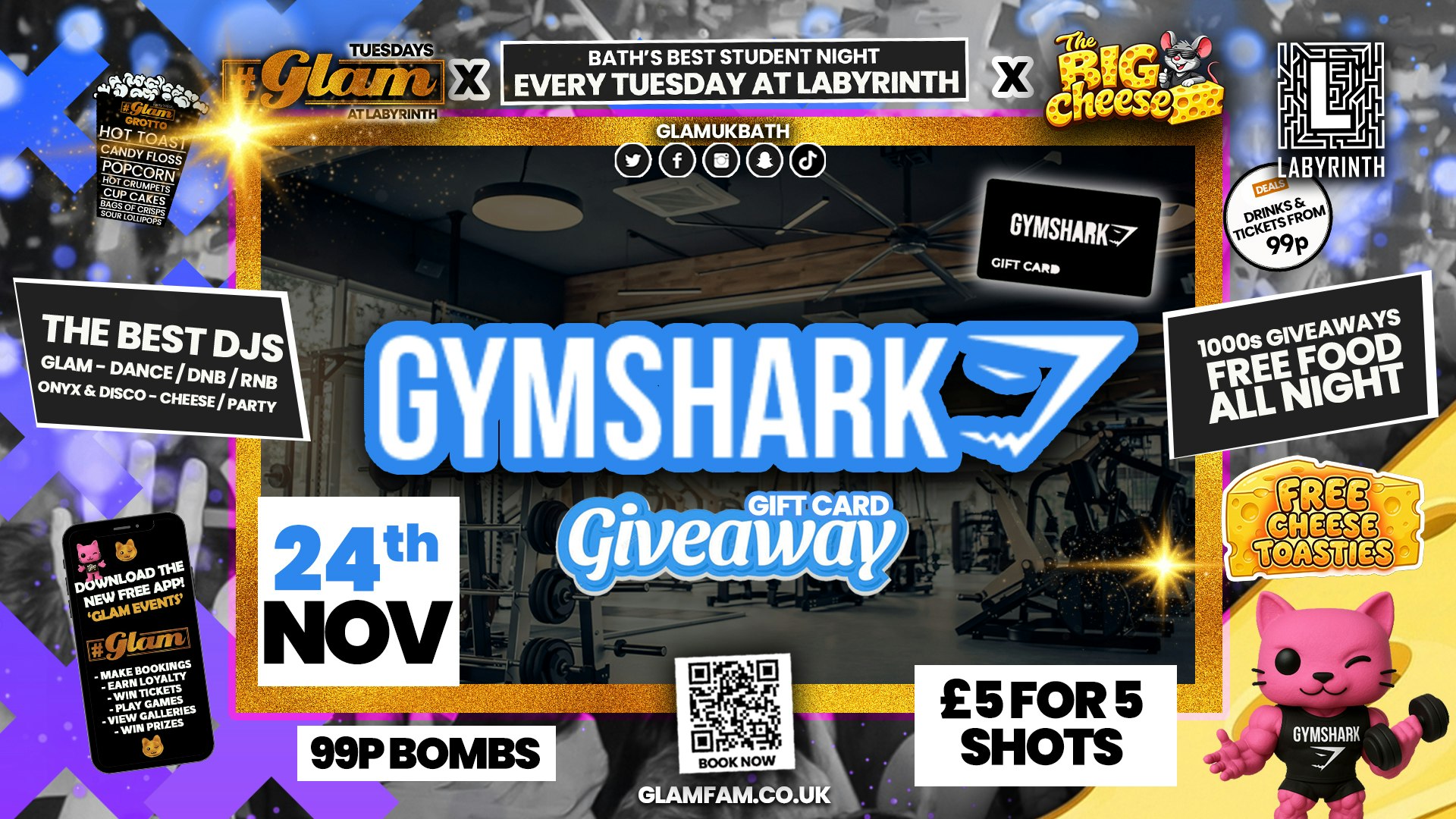 😻  GLAM x The BIG CHEESE |  🦈 GYM SHARK GIVEAWAY 🦈 2 Brands – One HUGE NIGHT! 🤯 | 5 Shots for £5 and 99p Bombs! Plus Tickets and from 99p!‼️