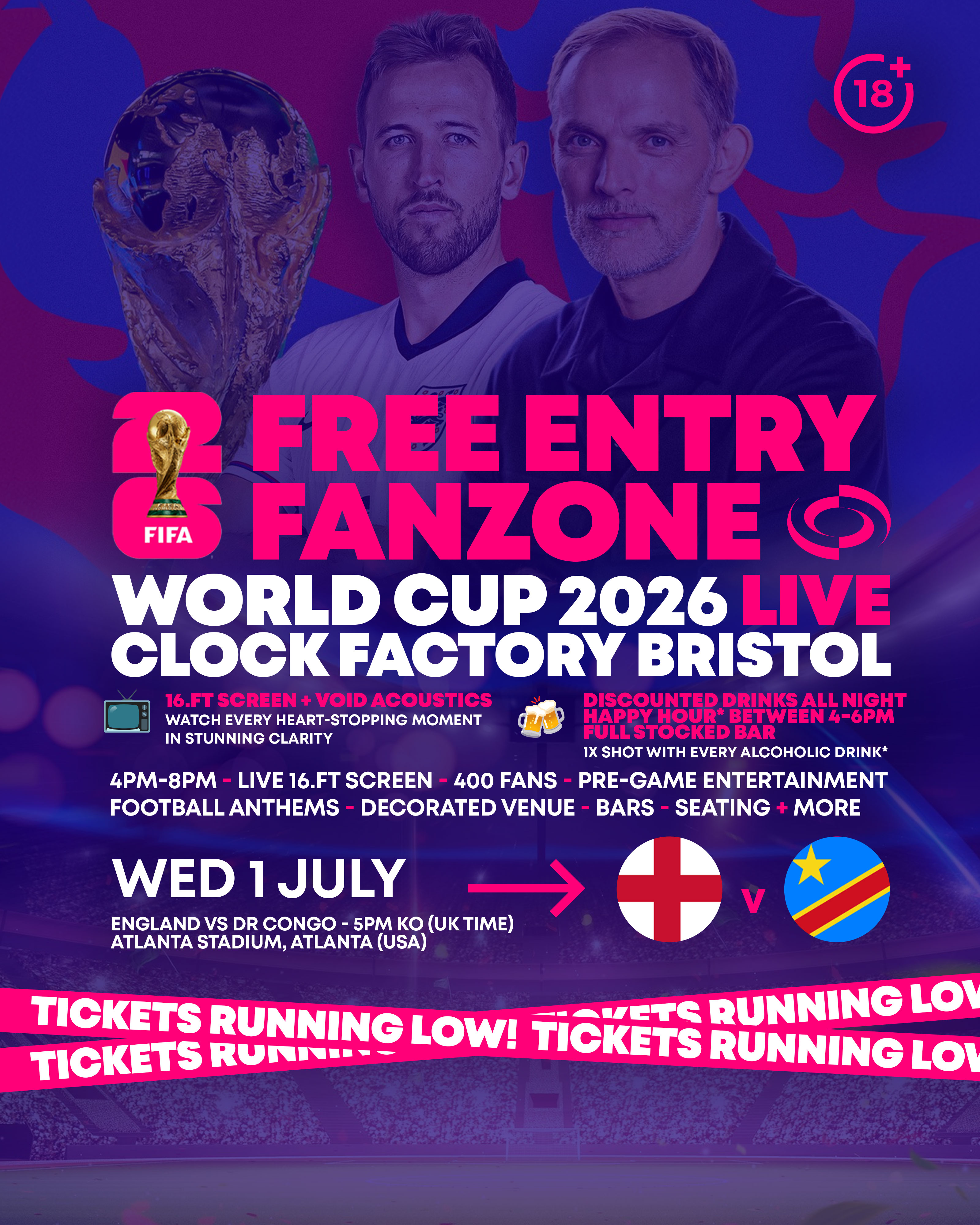 World Cup 2026 – England vs DR Congo @ Clock Factory Bristol [FREE ENTRY]
