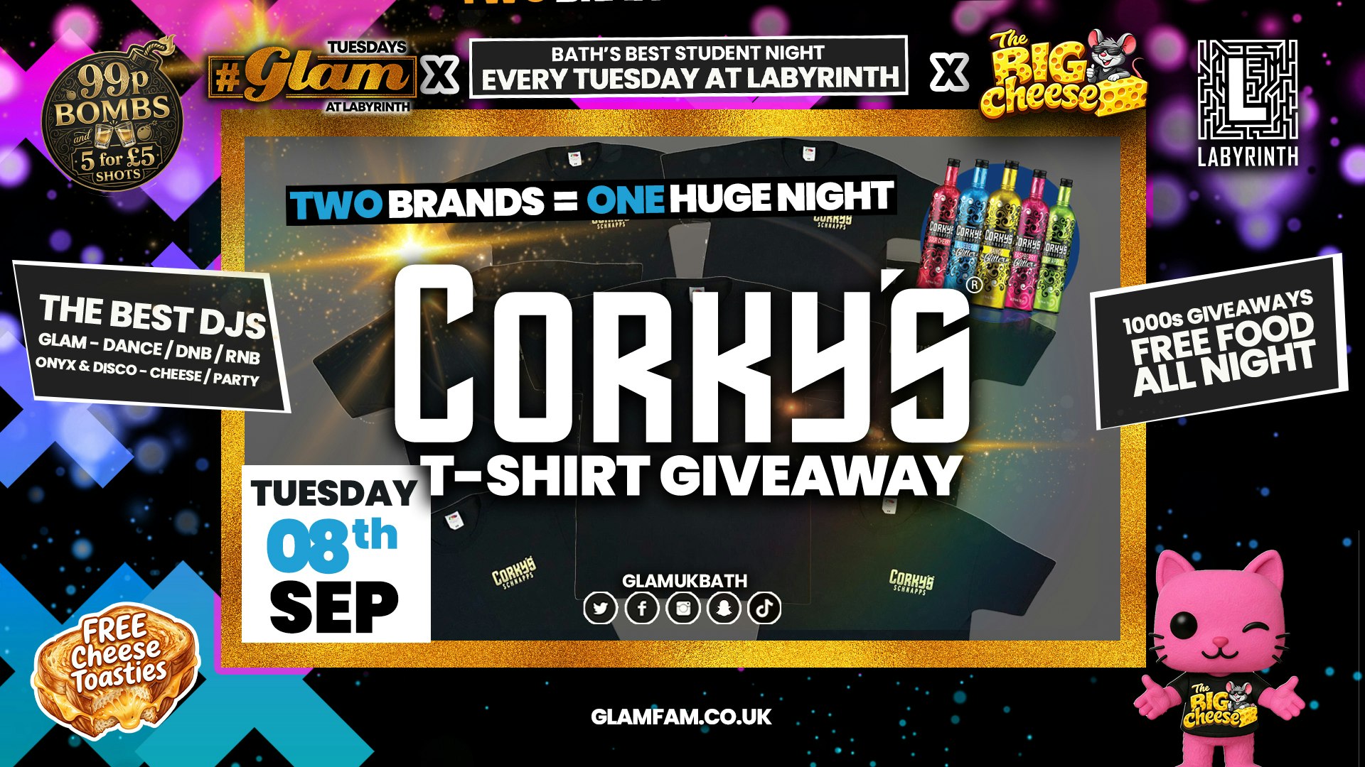 😻  GLAM vs The BIG CHEESE! 🧀 2 Brands – 1 HUGE NIGHT! | CORKY’S T- SHIRT GIVEAWAY! 👚👕 🤩 Drinks from 99p!‼️Every Tuesday at Labyrinth 😻