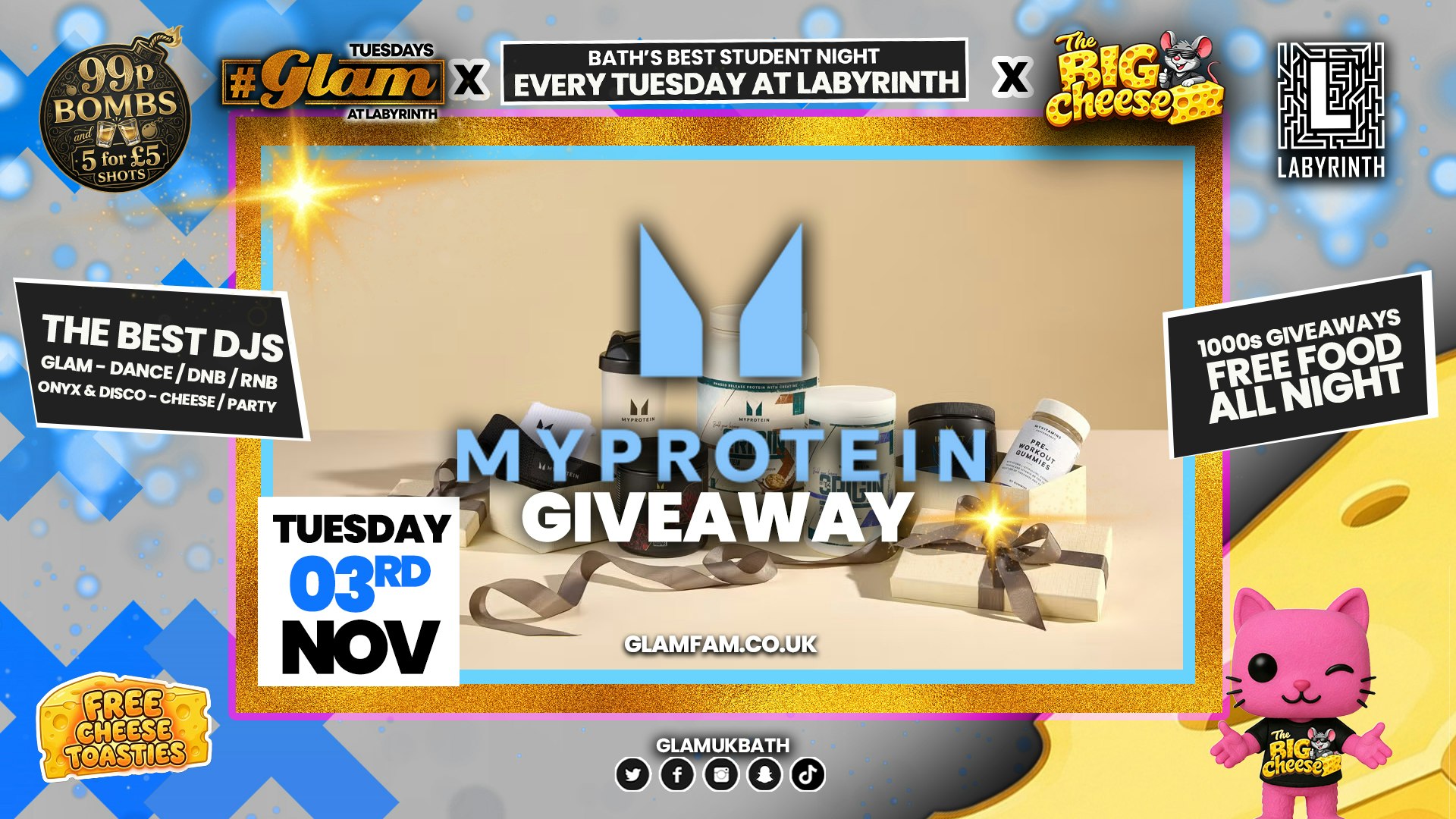 😻  GLAM x The BIG CHEESE |  MY PROTEIN GIVEAWAY! 💪💪🏼💪🏿 2 Brands – One HUGE NIGHT! 🤯| 5 Shots for £5 and 99p Bombs! Plus Tickets and from 99p!‼️