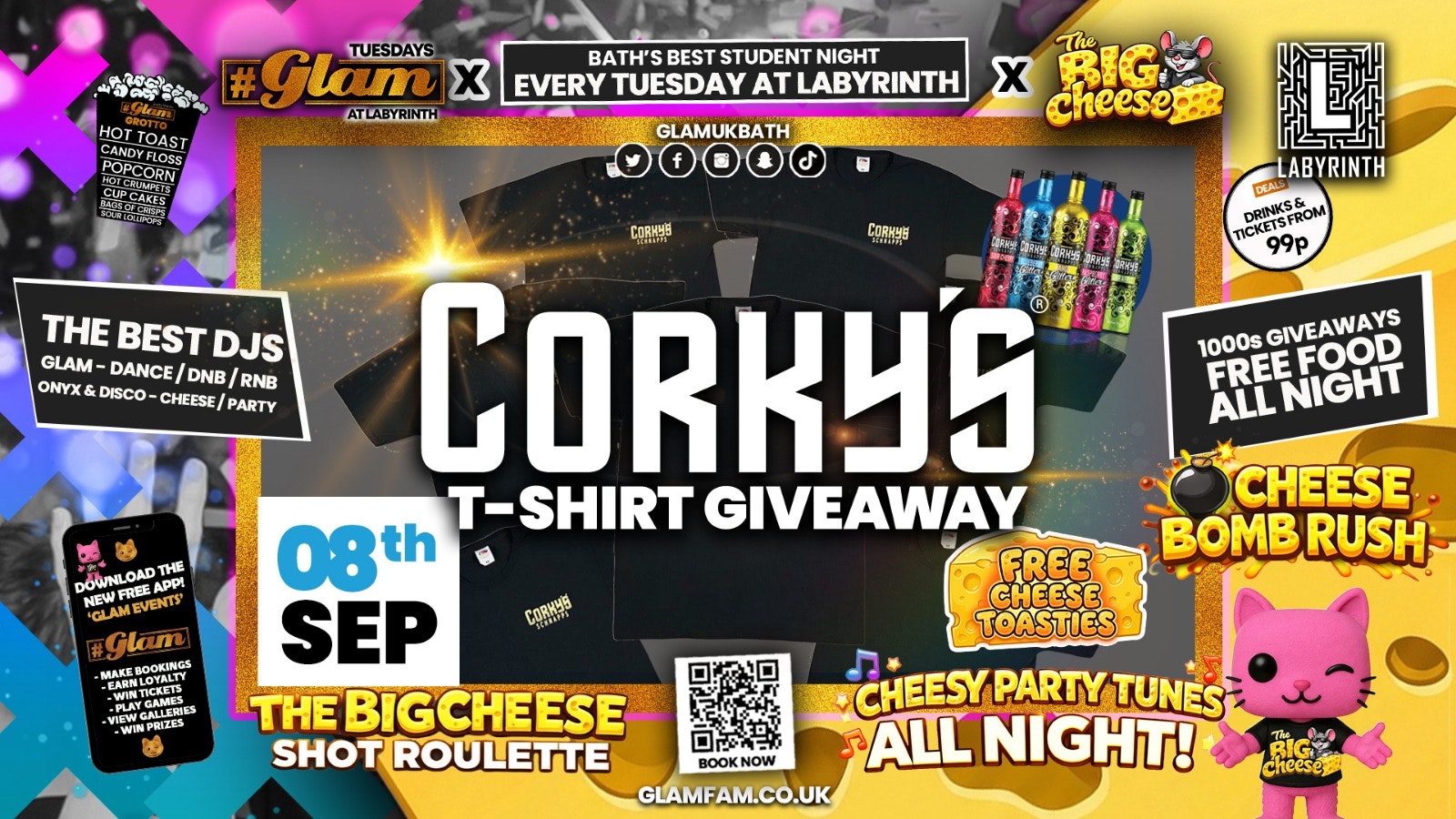 😻  GLAM vs The BIG CHEESE! 🧀 2 Brands – 1 HUGE NIGHT! | CORKY’S T- SHIRT GIVEAWAY! 👚👕 🤩 Drinks from 99p!‼️Every Tuesday at Labyrinth 😻