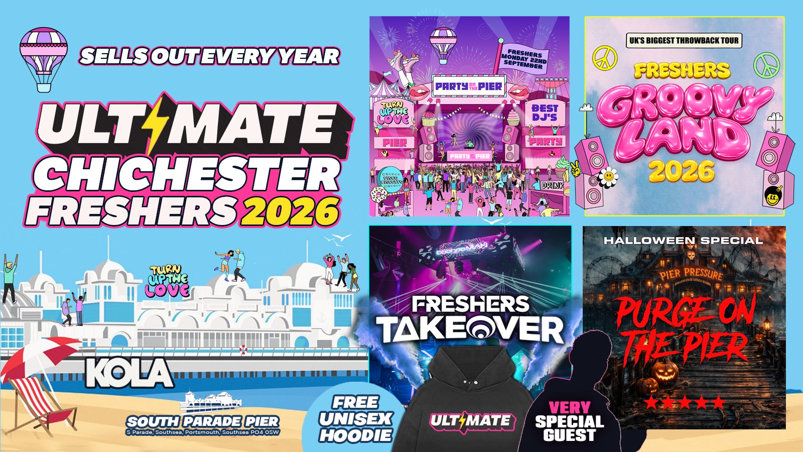 🚨LAST EVER SALE 25% OFF🚨 ULTIMATE CHICHESTER FRESHERS 2026 🎡 🌊 Official Student Partners with BoohooMAN 👕 Free Hoodie with Every Ticket – Sold Out 15 Years Running!