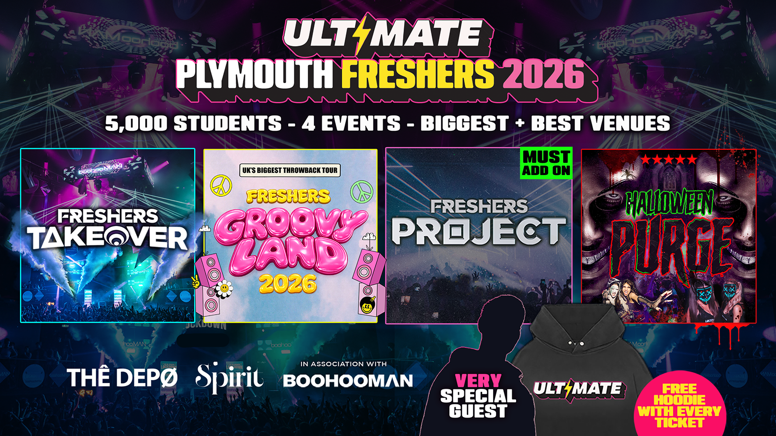 🚨LAST EVER SALE 25% OFF🚨 ULTIMATE PLYMOUTH FRESHERS 2026 ⚡️ Official Student Partners with BoohooMAN 👕 Free Hoodie with Every Ticket – Sold Out 15 Years Running!