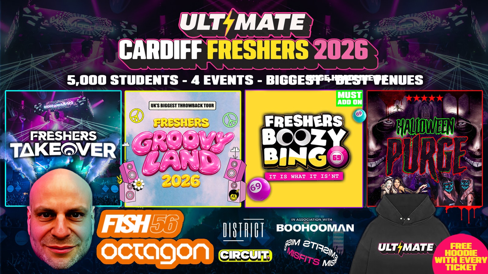 🚨LAST EVER SALE 25% OFF🚨 ULTIMATE CARDIFF FRESHERS 2026 ⚡️ presents FISH56 OCTAGON ⚡️ Official Student Partners with BoohooMAN 👕 Free Hoodie with Every Ticket – Sold Out 15 Years Running!