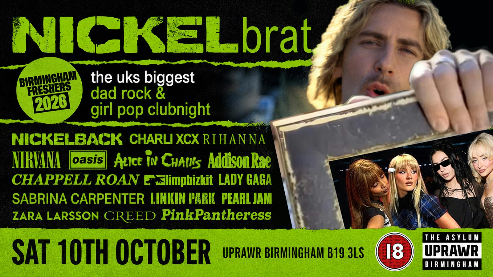 Nickelbrat: a night of Dad Rock, Girly Pop, Grunge & Hyper Pop 💚 Freshers 2026 🪩
