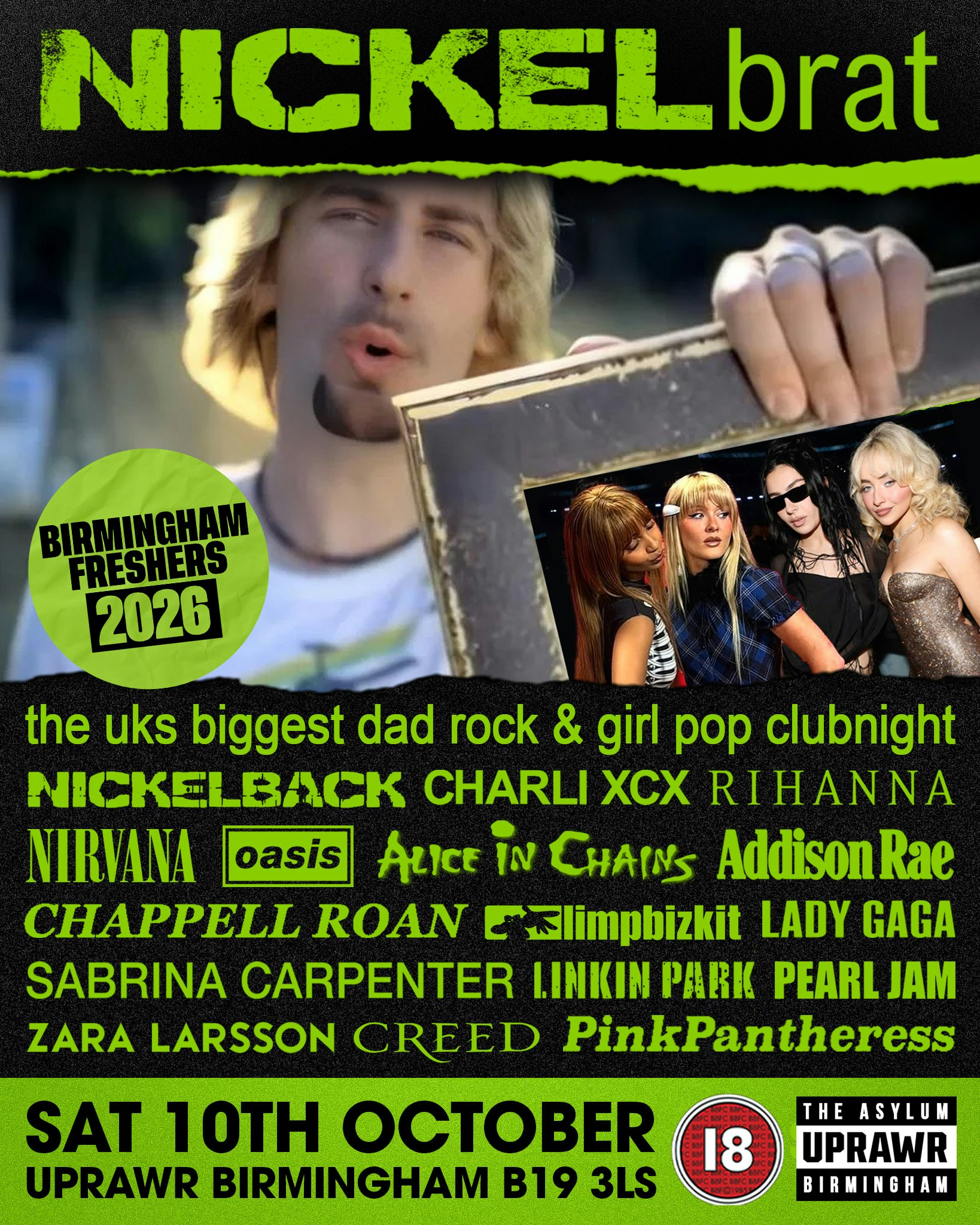 Nickelbrat: a night of Dad Rock, Girly Pop, Grunge & Hyper Pop 💚 Freshers 2026 🪩
