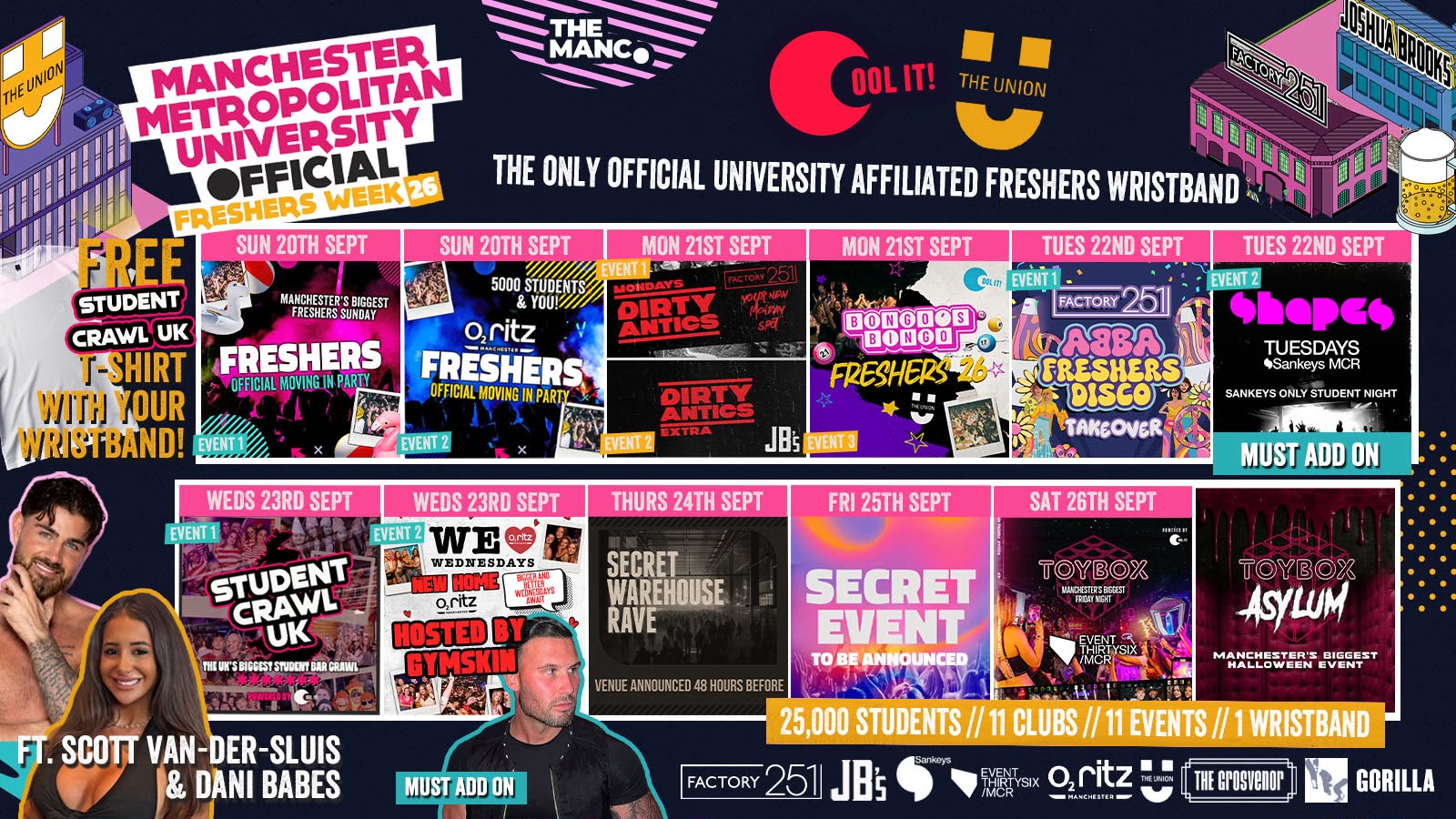 MANCHESTER MET – MMU – OFFICIAL All Access Freshers Wristband 2026 🎟️ YOUR OFFICIAL FRESHERS WRISTBAND – INCLUDES MANCHESTER’S BEST CLUBS / BIGGEST WEEKLY STUDENT BRANDS / SPECIAL GUESTS INCL GYMSKIN/ DANI BABES / SCOTT VAN DER SLUIS & MUCH MORE! ⚡️