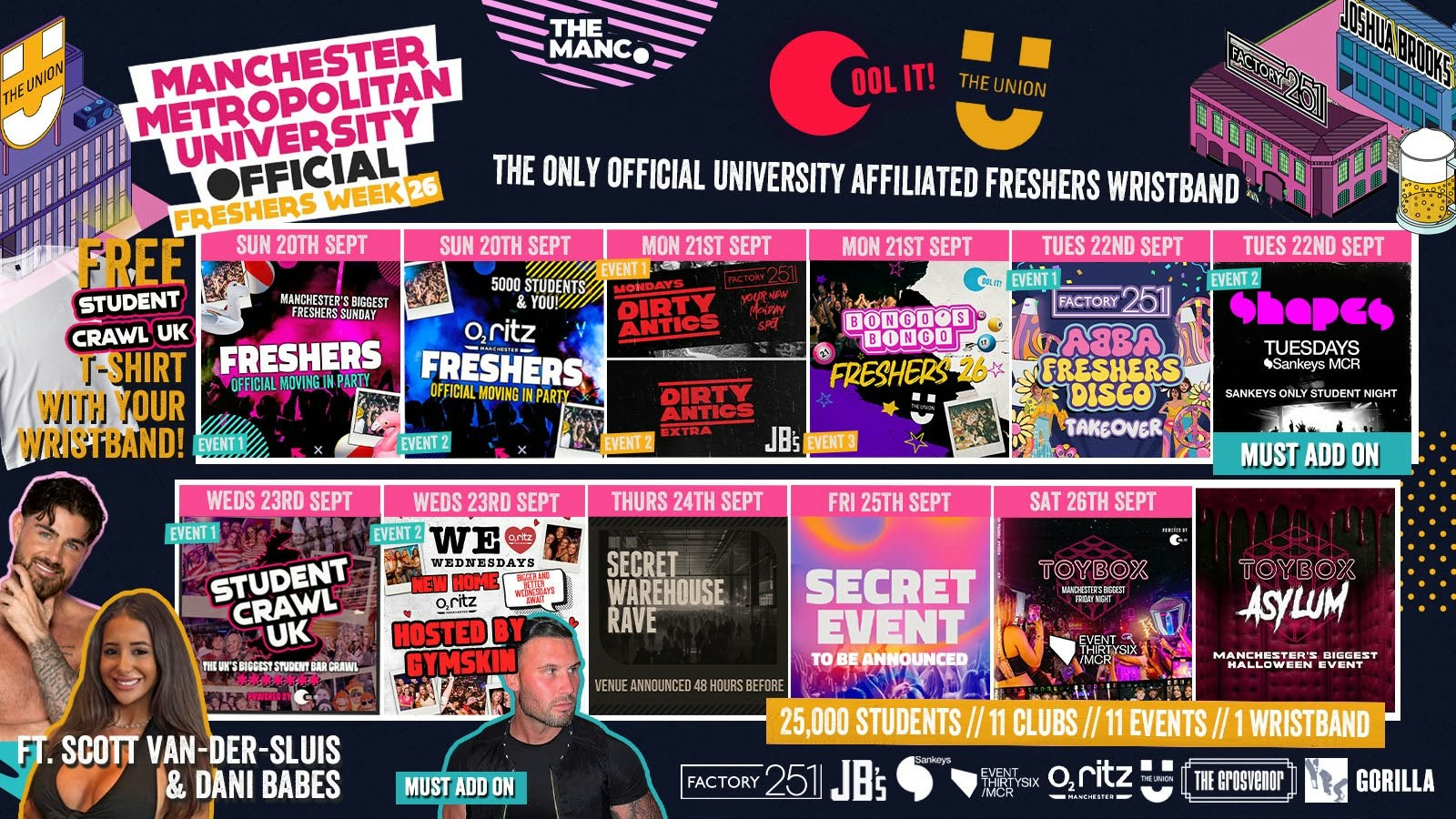 MANCHESTER MET – MMU – OFFICIAL All Access Freshers Wristband 2026 🎟️ YOUR OFFICIAL FRESHERS WRISTBAND – INCLUDES MANCHESTER’S BEST CLUBS / BIGGEST WEEKLY STUDENT BRANDS / SPECIAL GUESTS INCL GYMSKIN/ DANI BABES / SCOTT VAN DER SLUIS & MUCH MORE! ⚡️