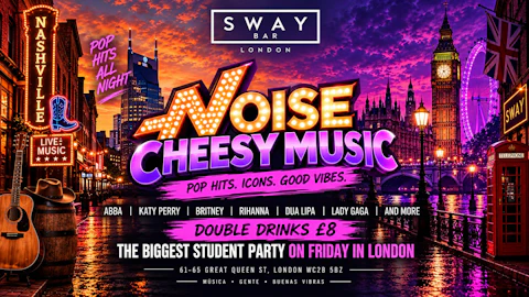 Noise ChessyPop @Sway Bar. FREE ENTRY. Reggaeton & Chessy Pop Music | SWAY BAR. "Text in Spanish, English, Portuguese, French, Italian, and Hindi". Last entry 1AM. 140 FREE TICKETS!!!