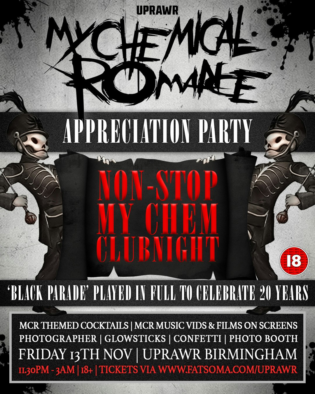 My Chemical Romance Appreciation Party 💀 Non-Stop My Chem Night: Songs from Every Era + Black Parade Played in FULL 🩸 Friday 13th November 2026 UPRAWR Birmingham 🖤