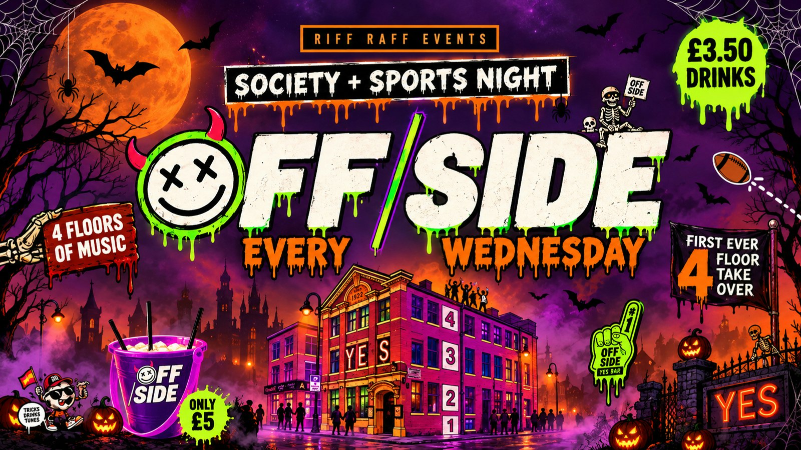HALLOWEEN OFFSIDE @ YES 🎃 😈 FIRST EVER 4 FLOOR TAKEOVER! £5 Buckets 🪣 £3.50 Drinks! 🥤 HUGE ROOFTOP TERRACE + MORE