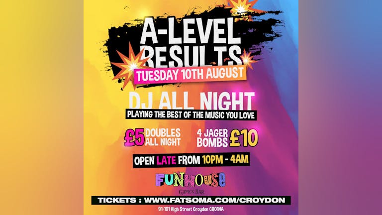 A LEVEL RESULTS PARTY : TUE 10TH AUG : FUNHOUSE CROYDON