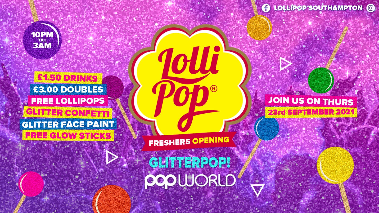 Freshers GlitterPop • £1.50 Drinks • Popworld