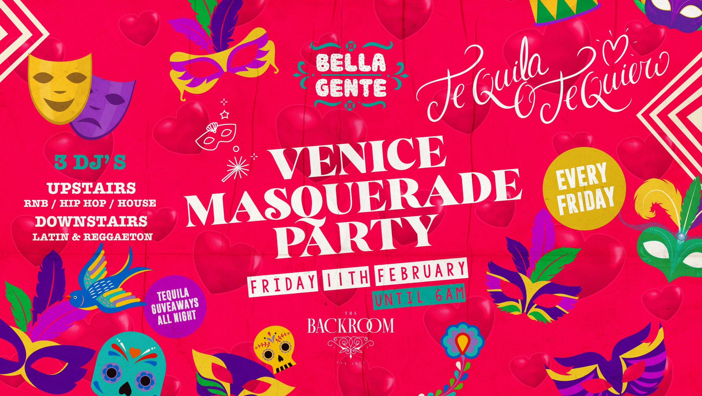 Bella Gente x Reggaeton Fiesta 💃 x Venice Masquerade 🎭 – The Backroom – Friday 11th February