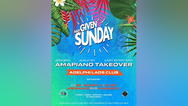 Any Given Sunday : Amapiano Sessions - BBQ - Games - Food - Drinks - Vibes - Adelphi Lads Club