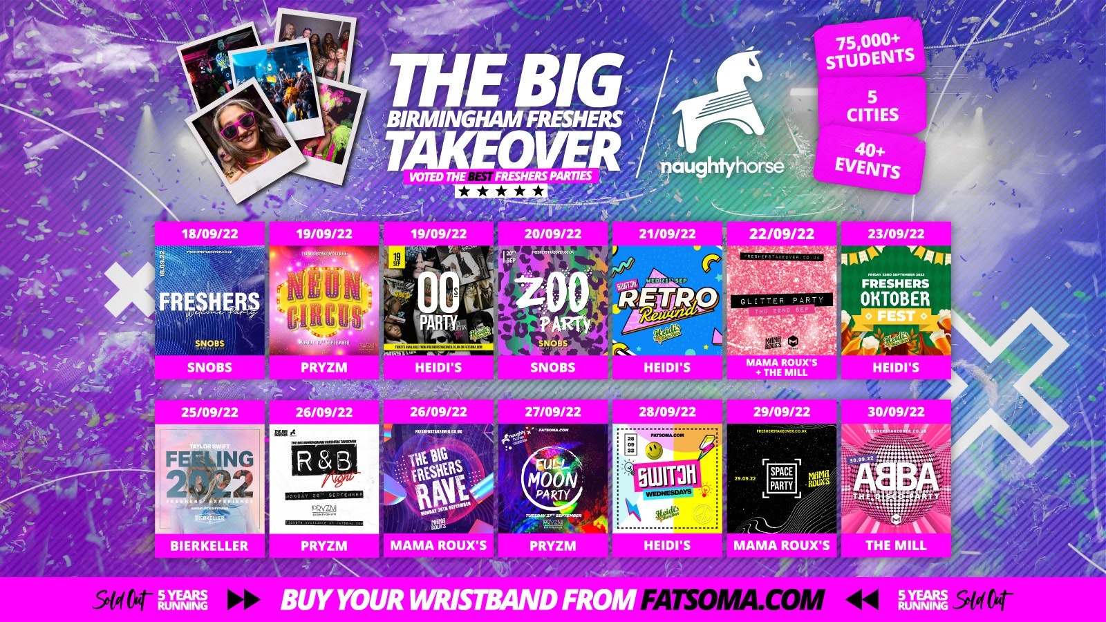 Birmingham Freshers Week 2022 Wristband Freshers Takeover x Naughtyhorse – All 14 Parties  (Last Few)