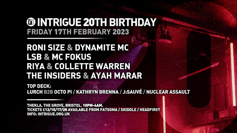 INTRIGUE 20TH BIRTHDAY! RONI SIZE, LSB & MORE!