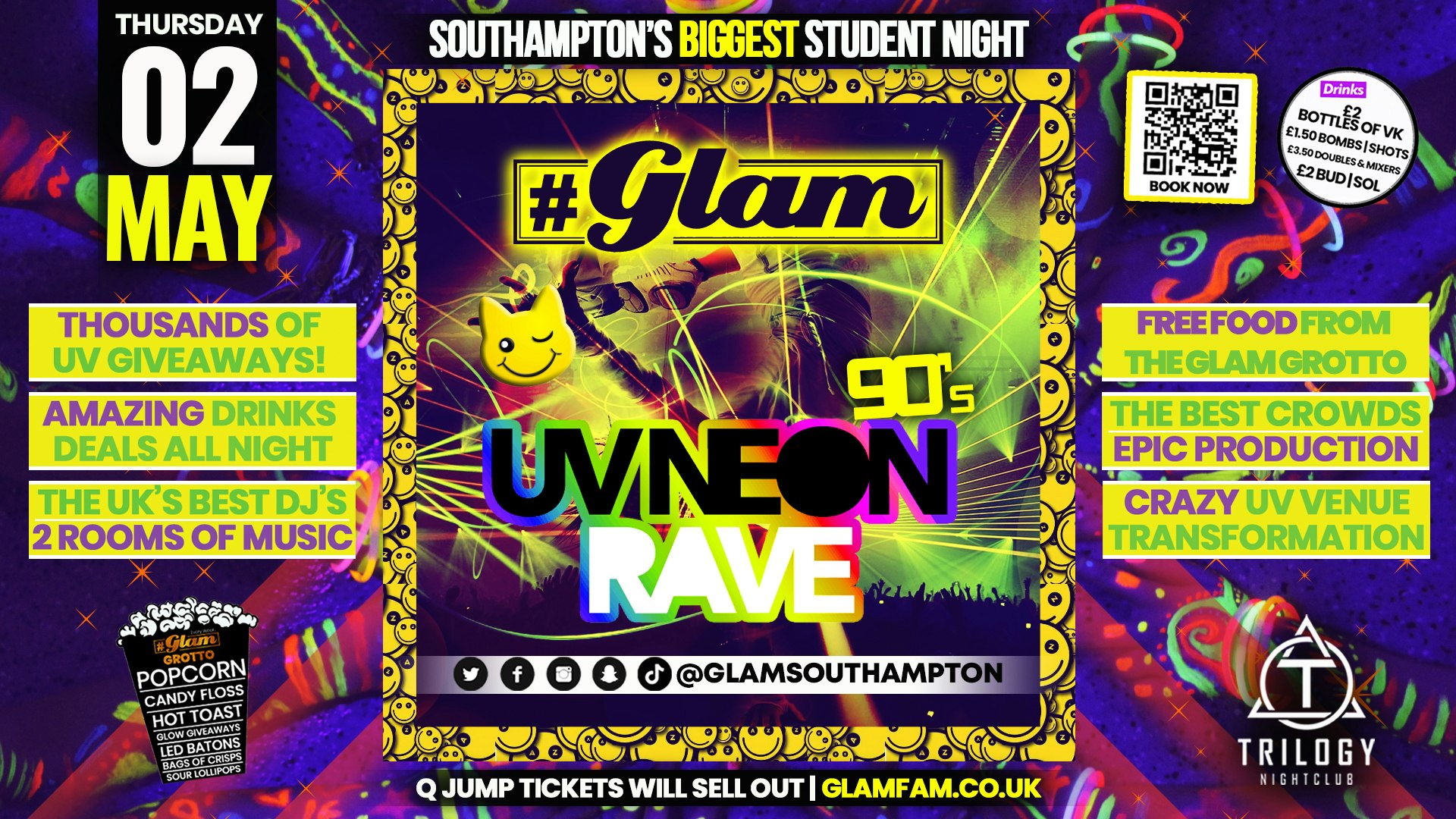 Glam – Southampton’s Biggest Student Night – 90’s Old Skool UV Rave 😁