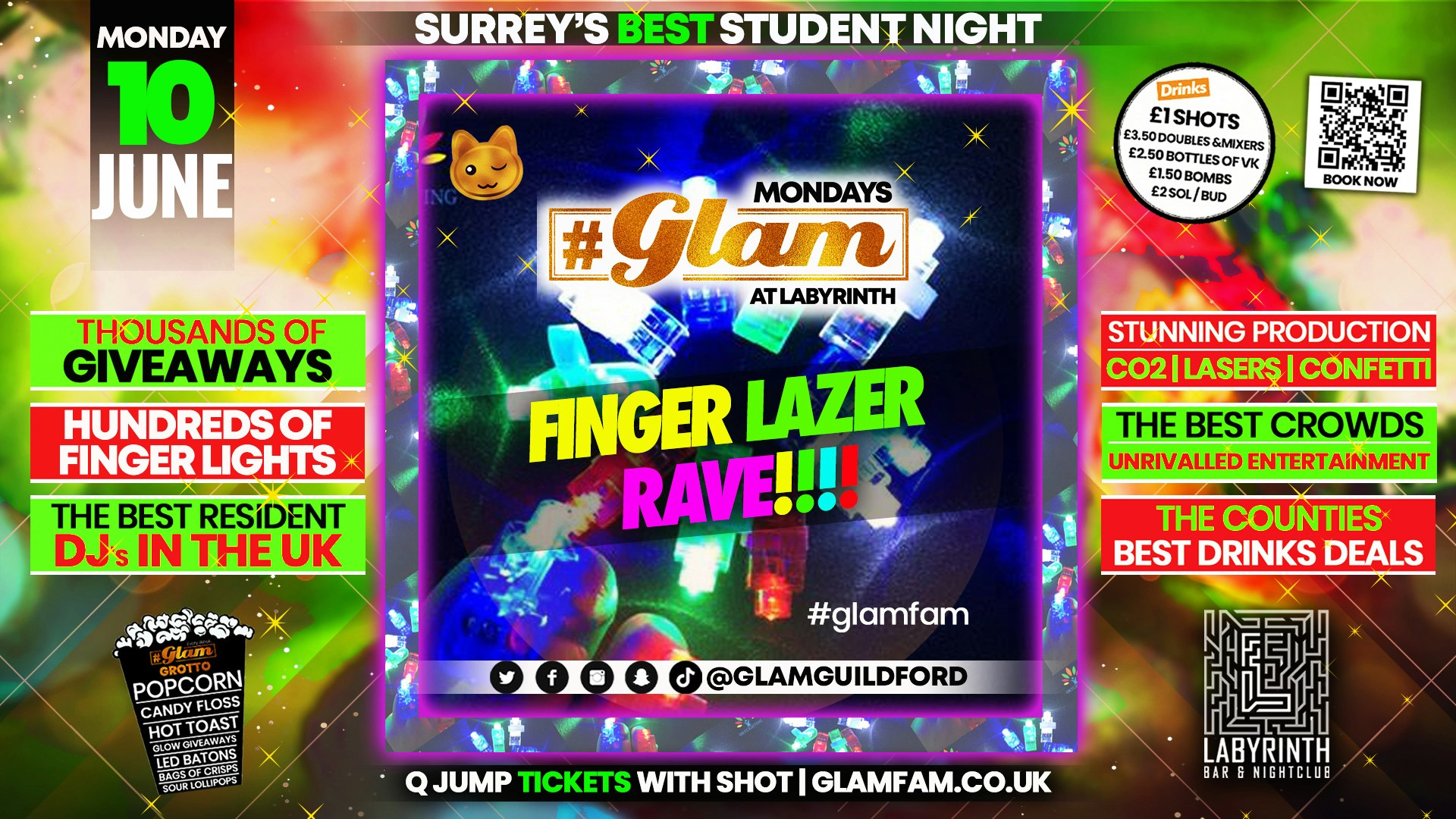 Glam – Surrey’s Best Student Events! Finger Lazer Rave 💡