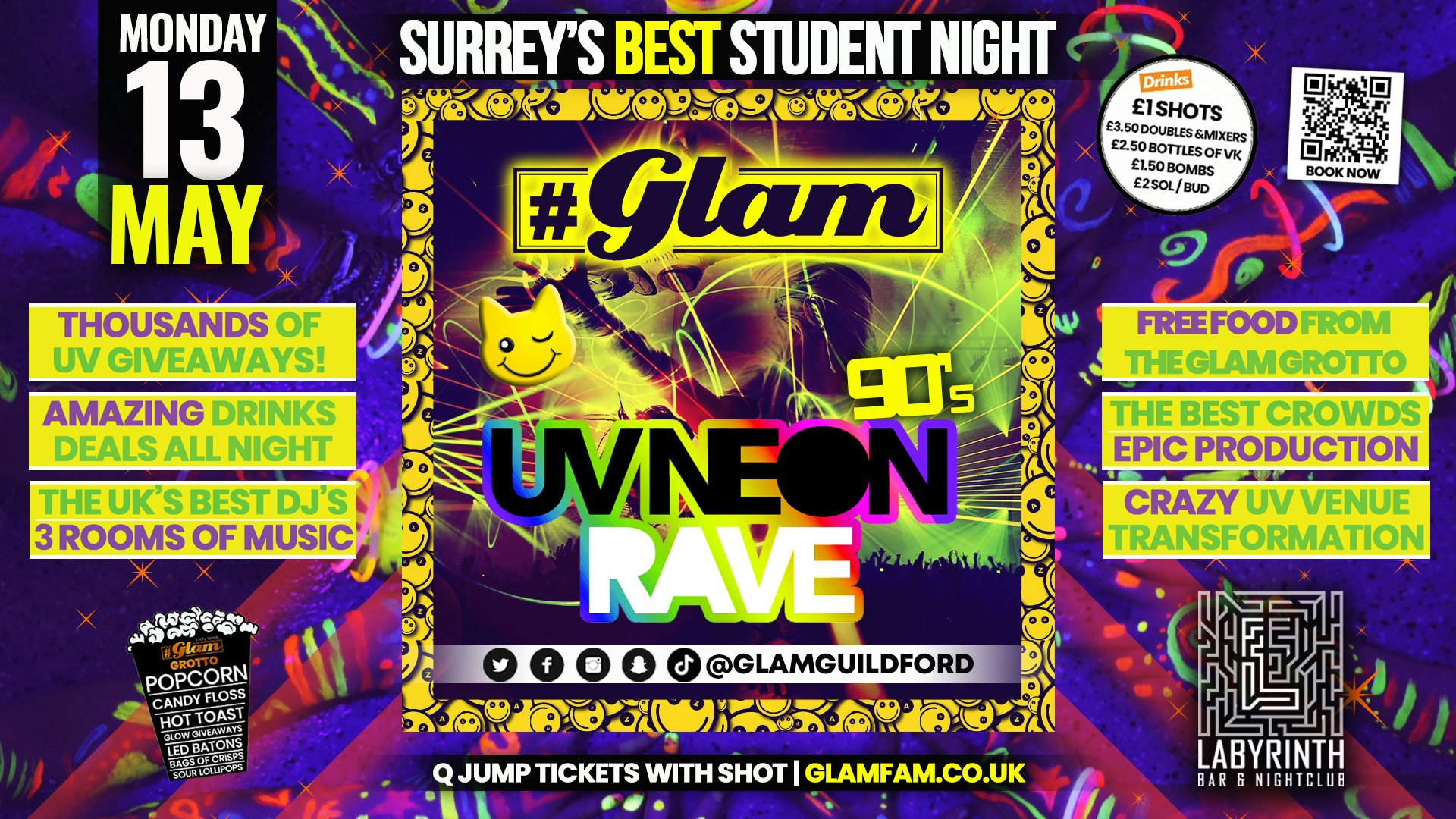 Glam – Surrey’s Best Student Events! 90’s UV Neon Rave 💫