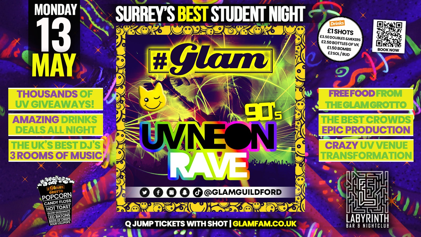 Glam – Surrey’s Best Student Events! 90’s UV Neon Rave 💫