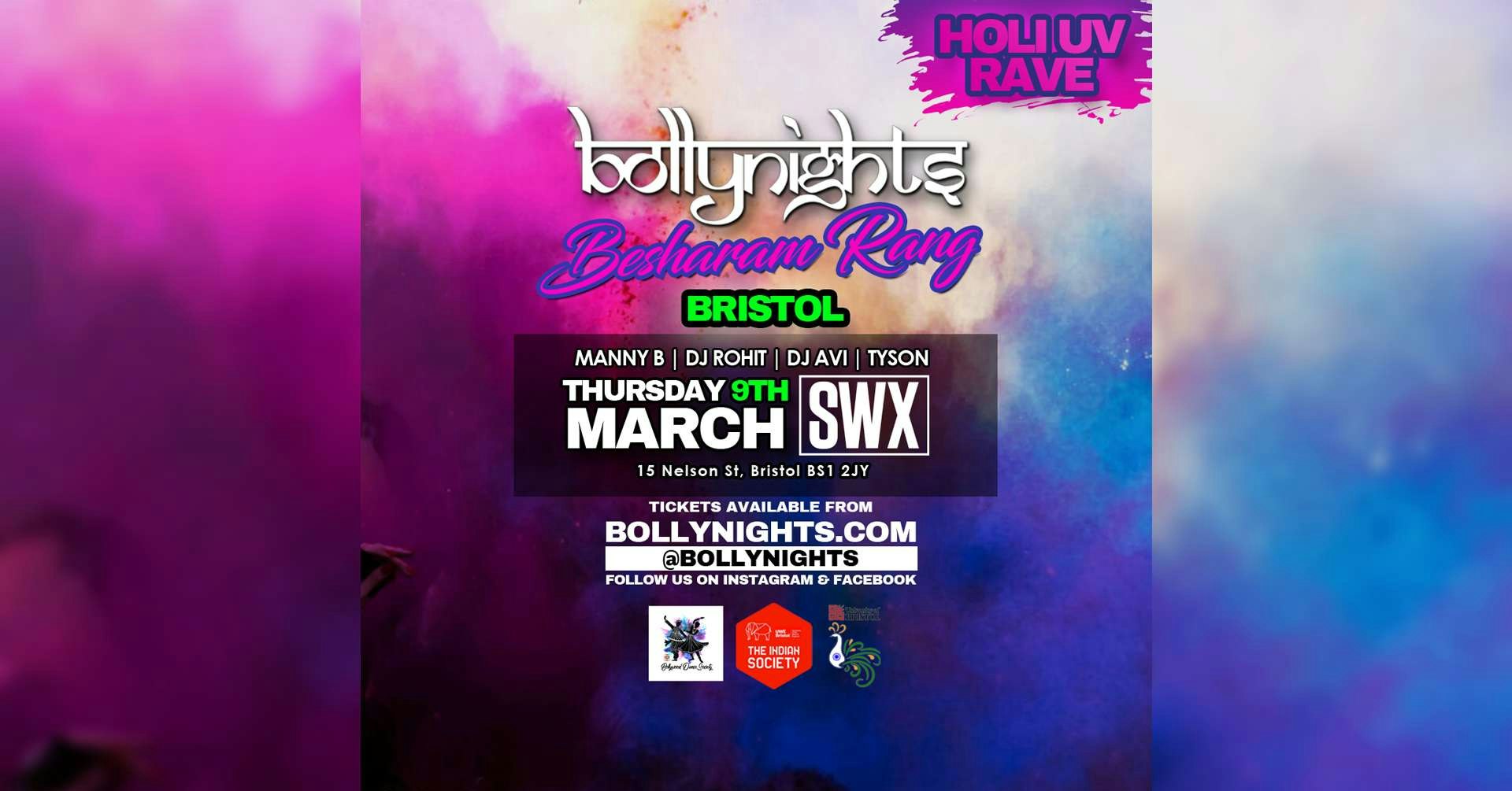 Bristol | Bollynights Holi UV RAVE – Besharam Rang: Thursday 9th March @ SWX