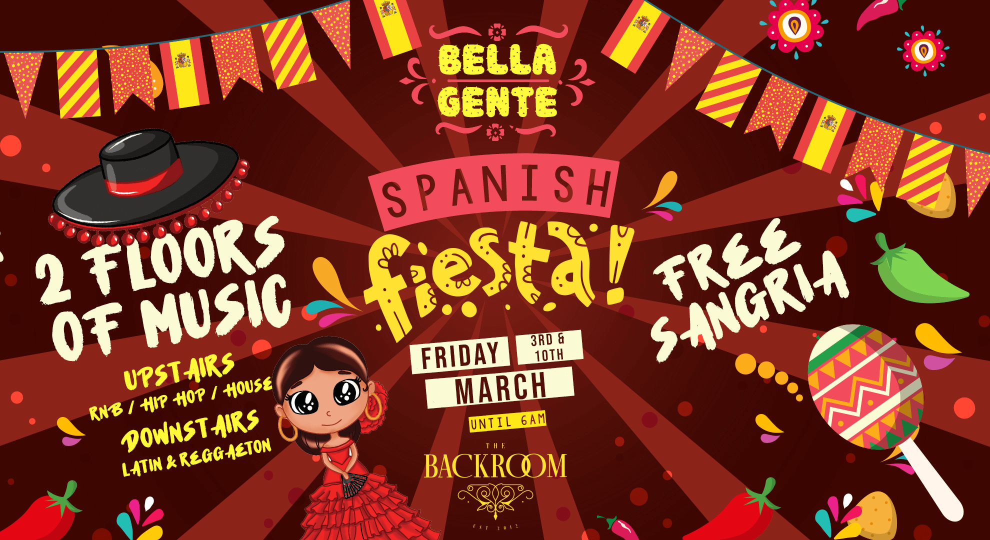 Spanish Fiesta x Bella Gente @ The Backroom (REGGAETON SPECIAL)  – Friday 10th March