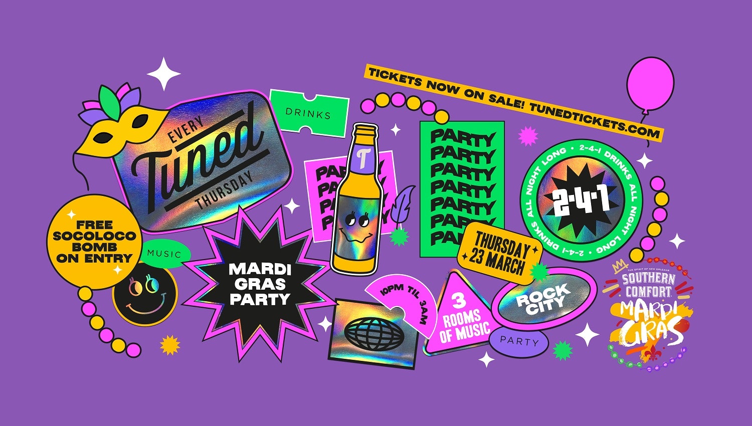 Tuned –  Mardi Gras Party – (Inc Silent Disco in Beta Room) – Nottingham’s Biggest Student Night – 2-4-1 Drinks All Night Long – 23/03/23