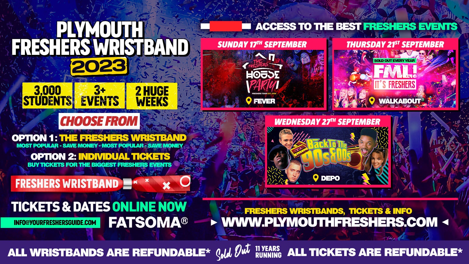 THE OFFICIAL 2023 PLYMOUTH FRESHERS WRISTBAND – ONLY £15 for 3 EVENTS 🔥 – The Biggest Events of Plymouth Freshers 2023 🎉