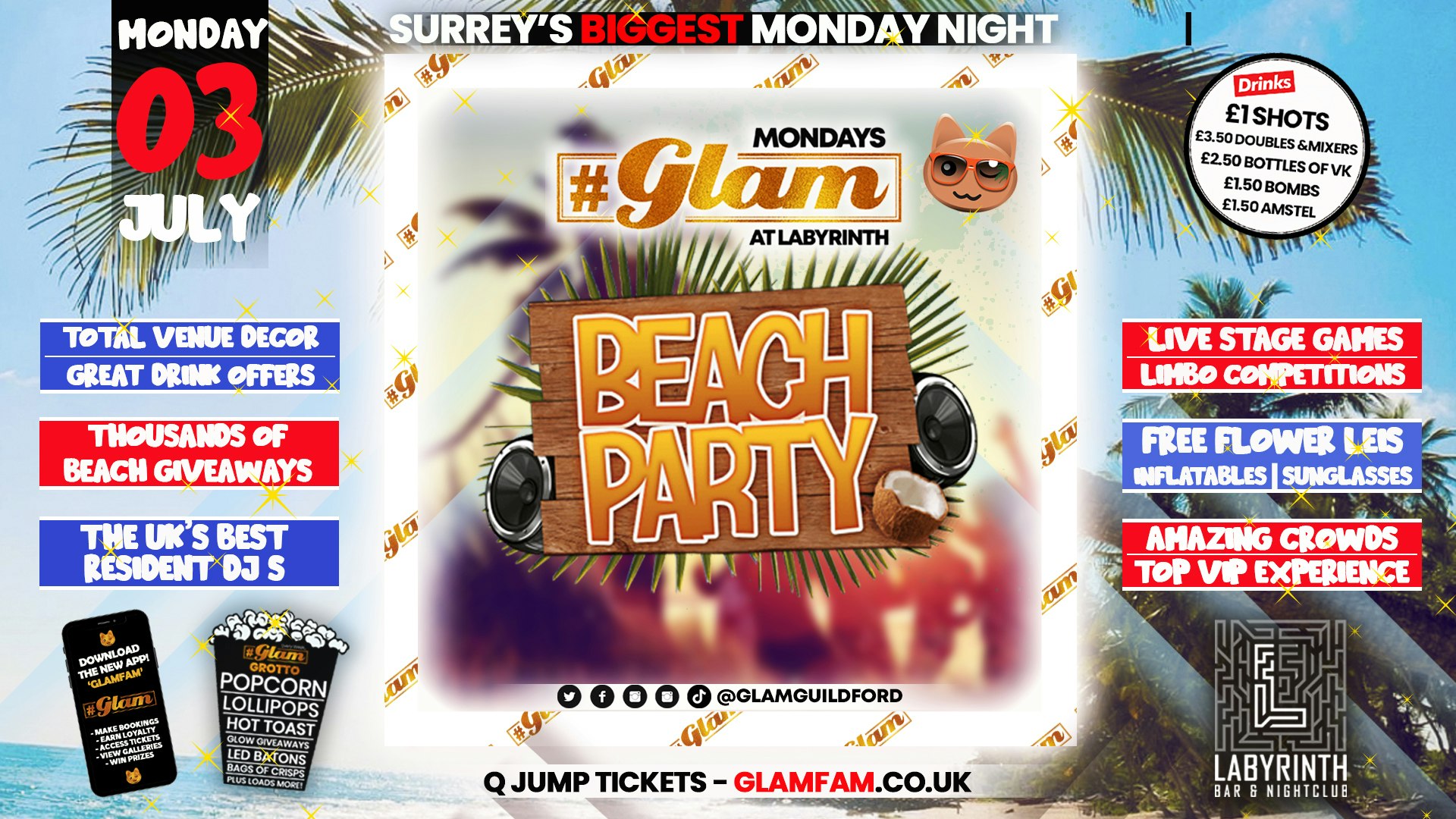 Glam Guildford –  Surrey’s Biggest Monday Night – BEACH PARTY!