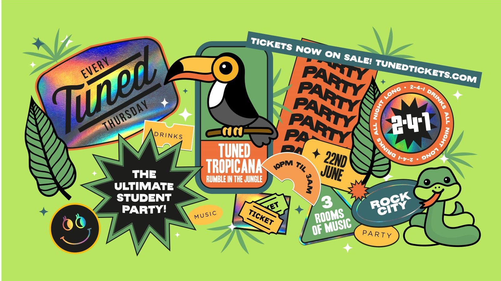 Tuned – Tropical Jungle Party – (Inc Silent Disco in Beta Room) – Nottingham’s Biggest Student Night – 2-4-1 Drinks All Night Long – 22/06/23