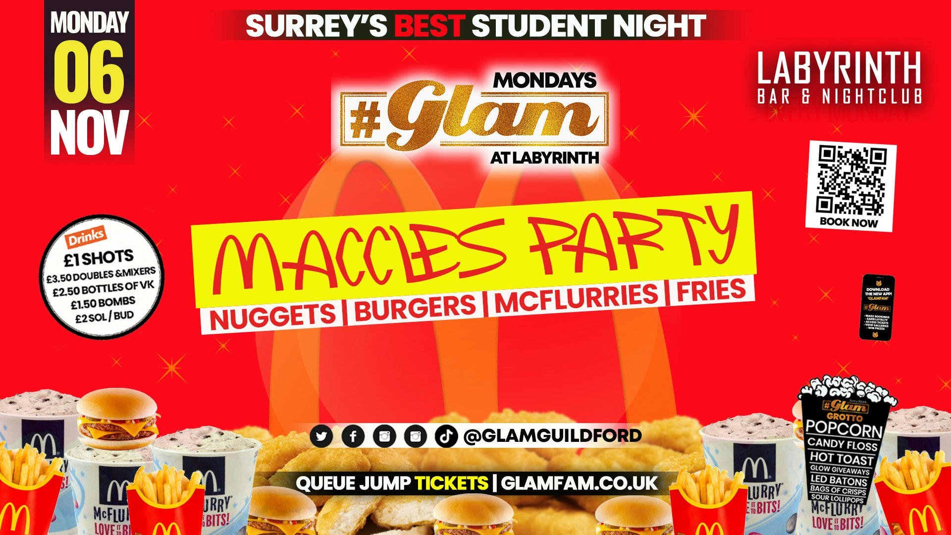 TONIGHT 🐾 Glam – Maccies Takeover – Surrey’s Best Student Events!