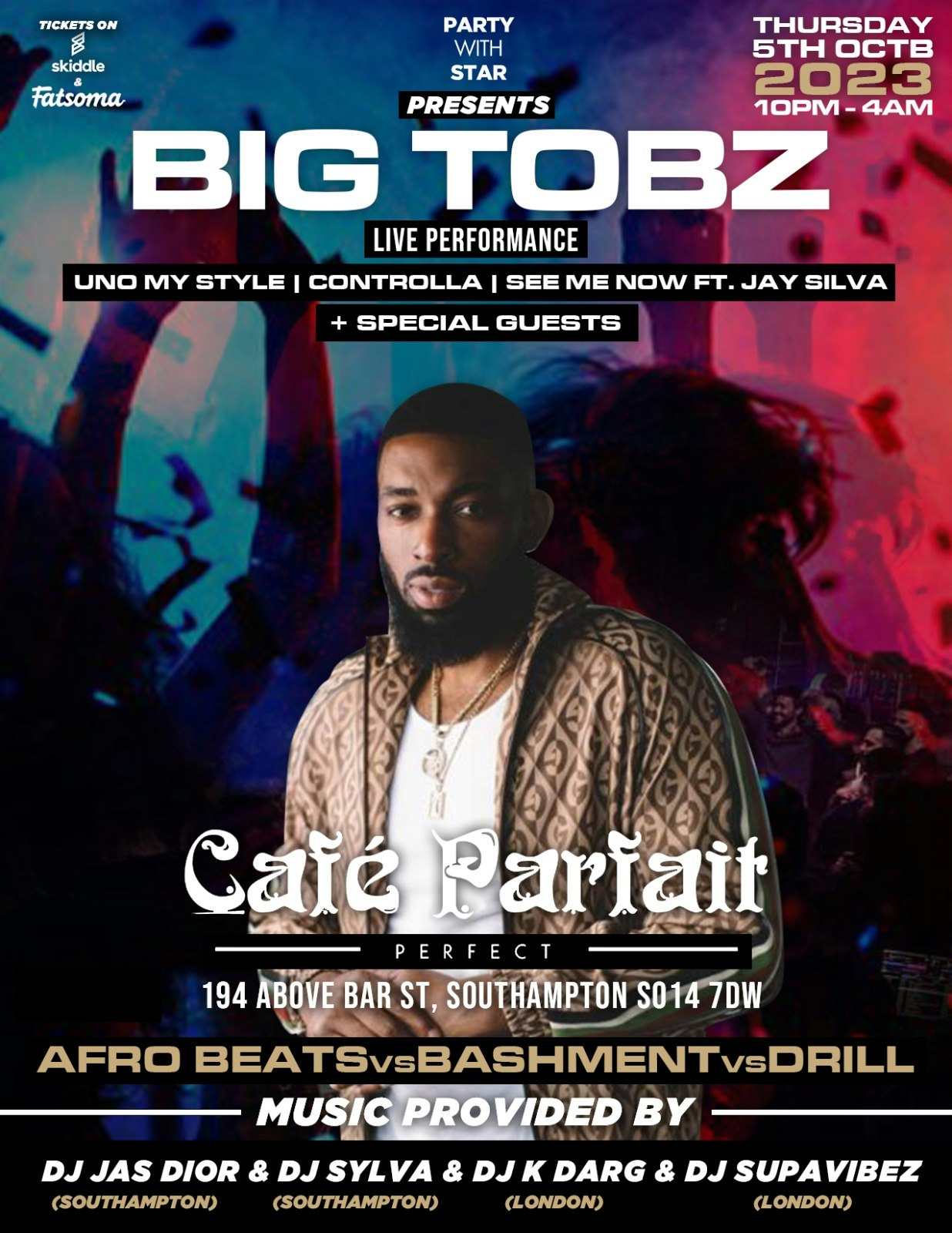 Afrobeats v Bashment v drill v RnB with rapper Bigtobz performing live