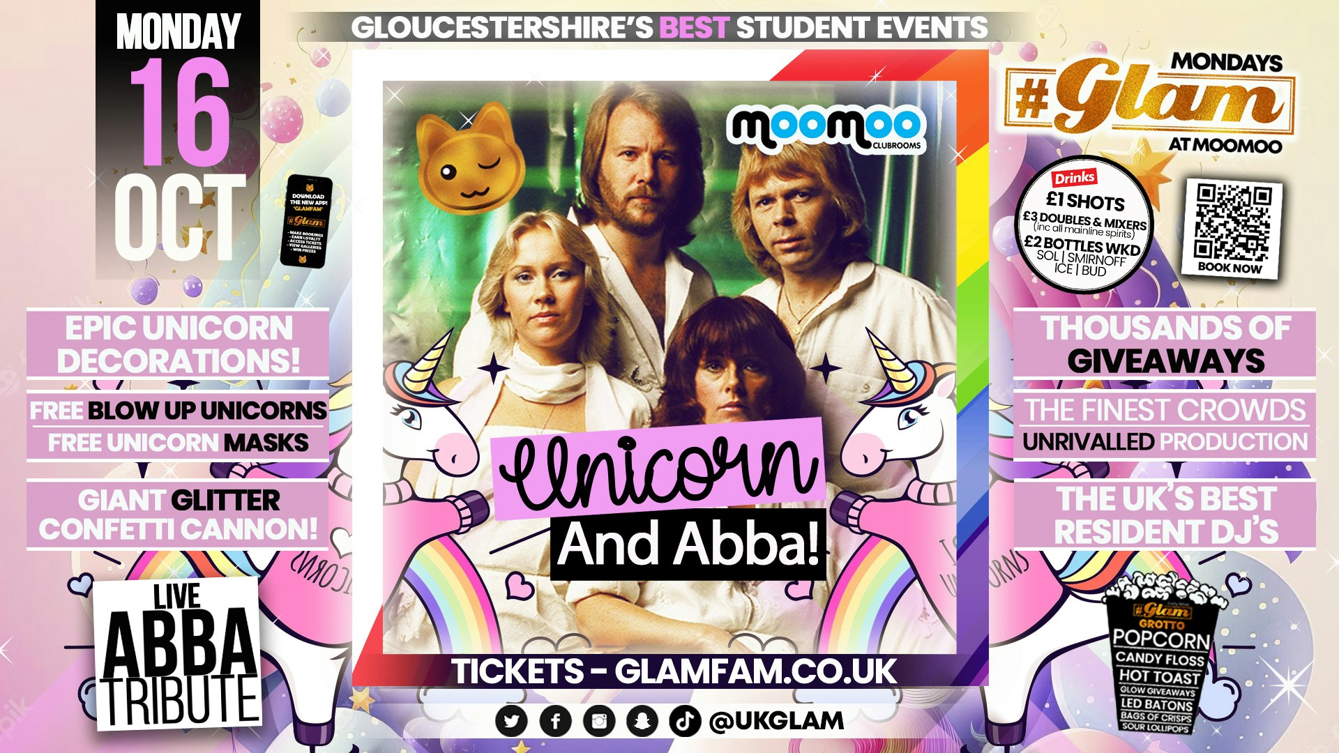 🤩 TONIGHT 🤩 Glam Cheltenham – Unicorn Party Feat Abba Tribute